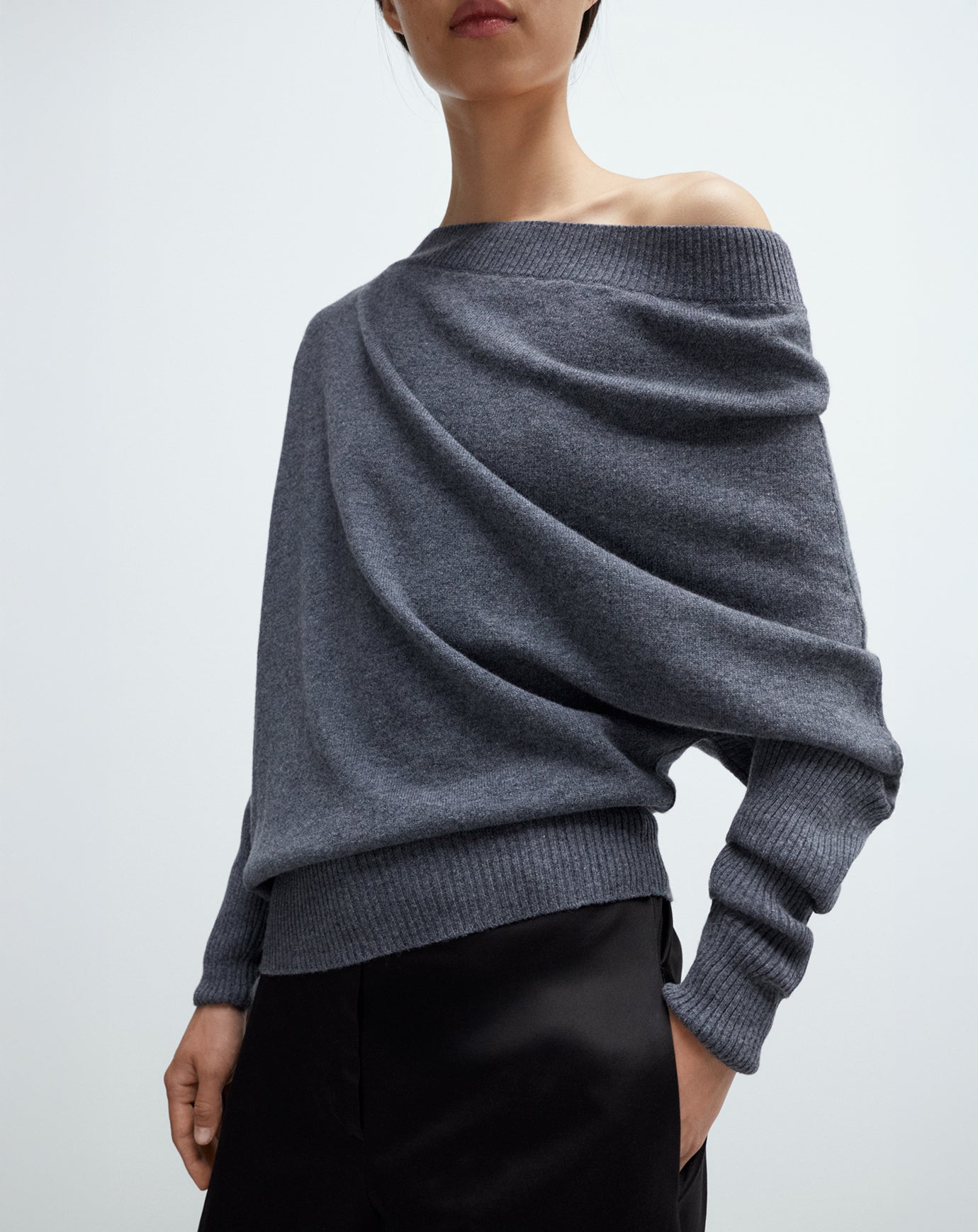 Cordera Merino Wool Off-Shoulder Sweater in Grey