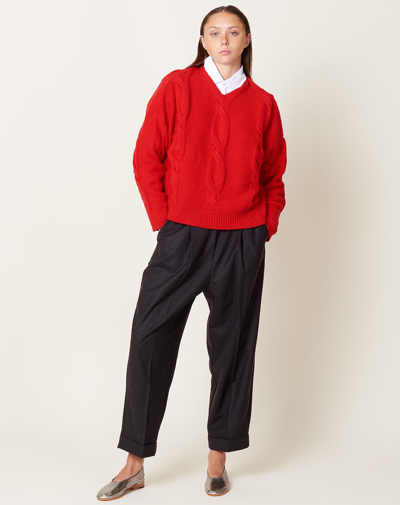 Cordera Wool & Cashmere Braided Sweater in Red
