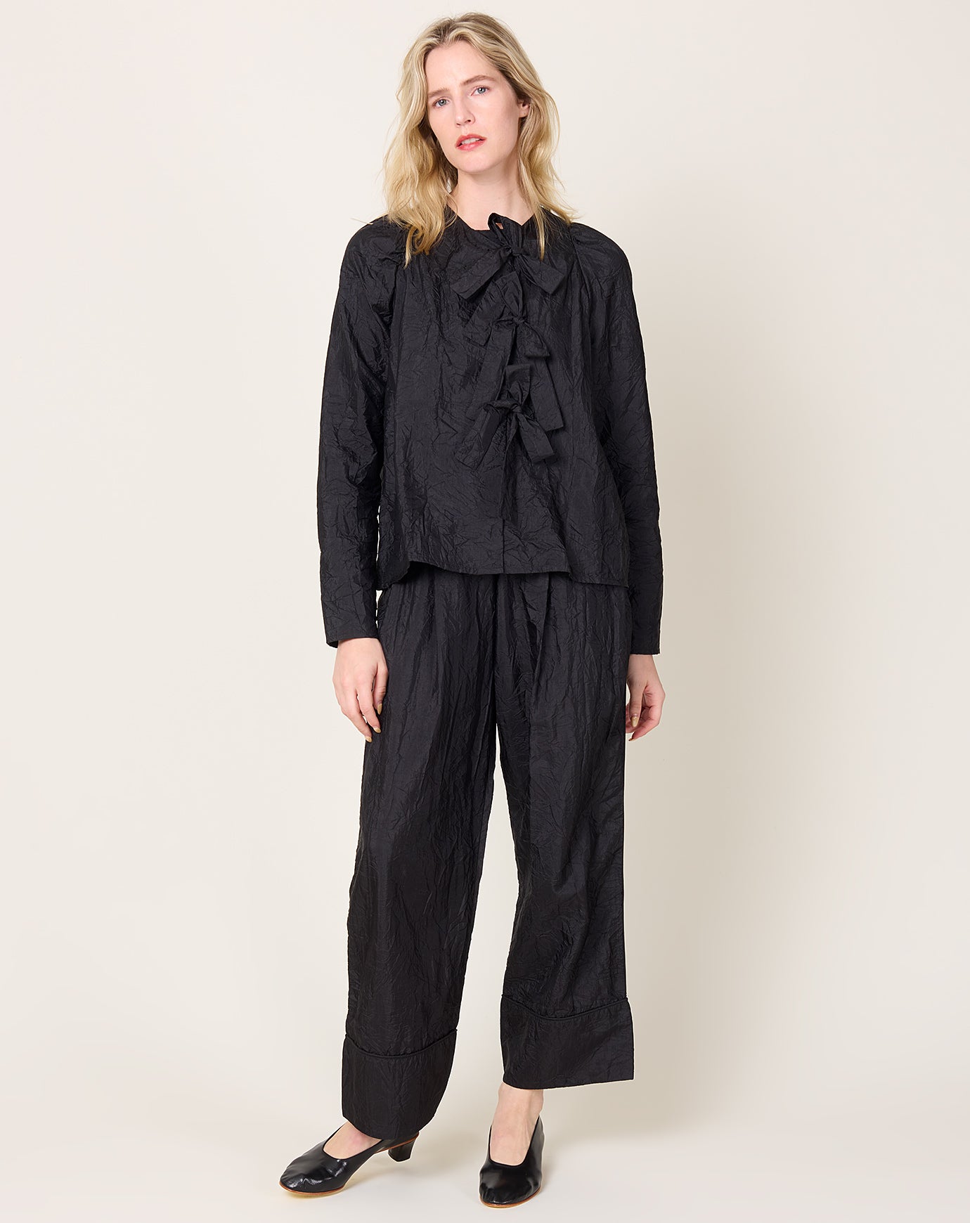 Eleph Bows Shirt in Black Silk Crinkle