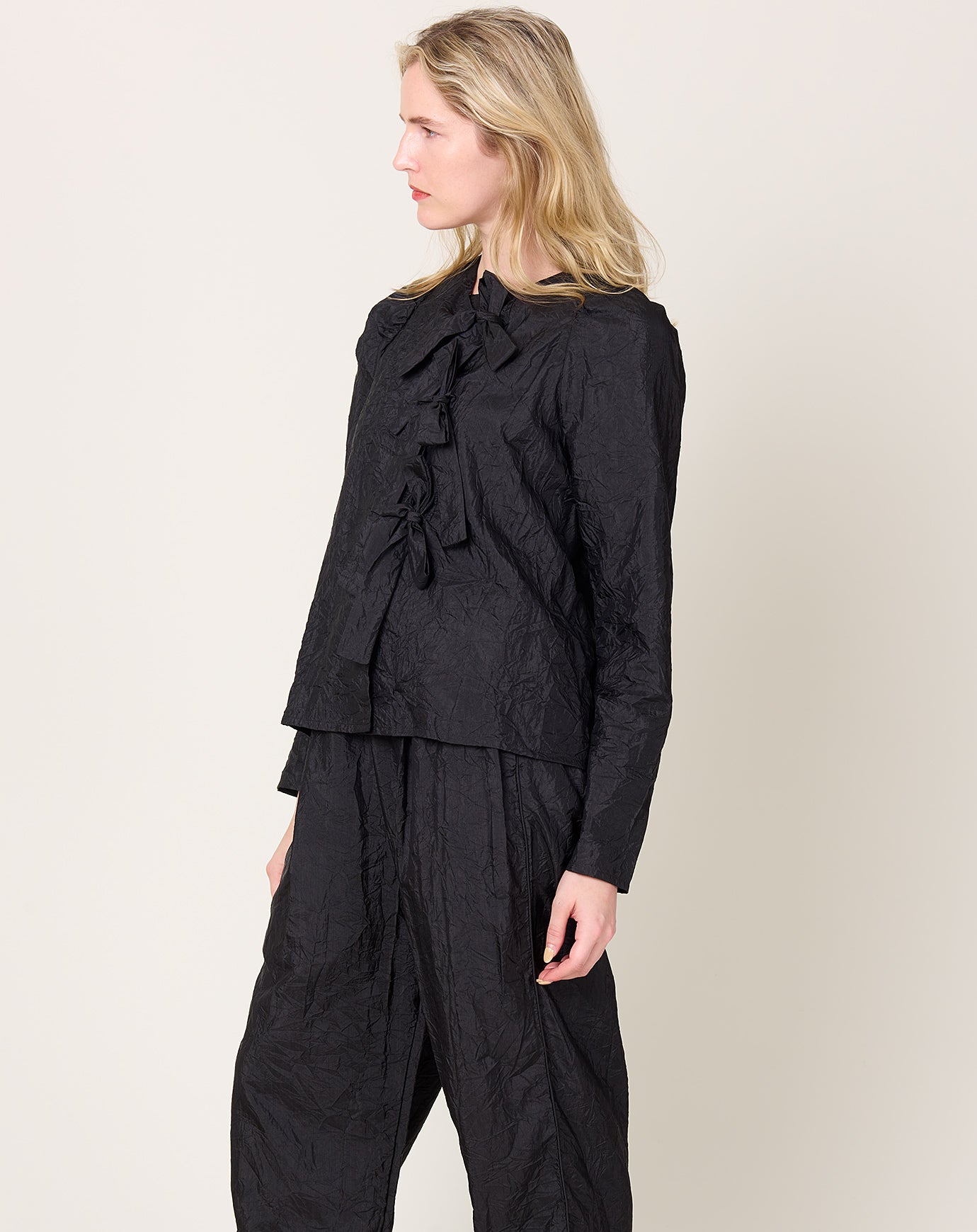 Eleph Bows Shirt in Black Silk Crinkle