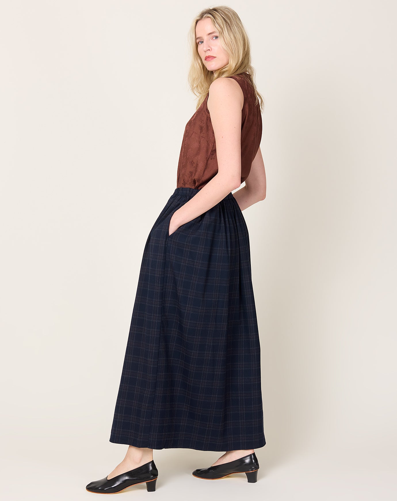 Eleph Wide Skirt in Navy Check