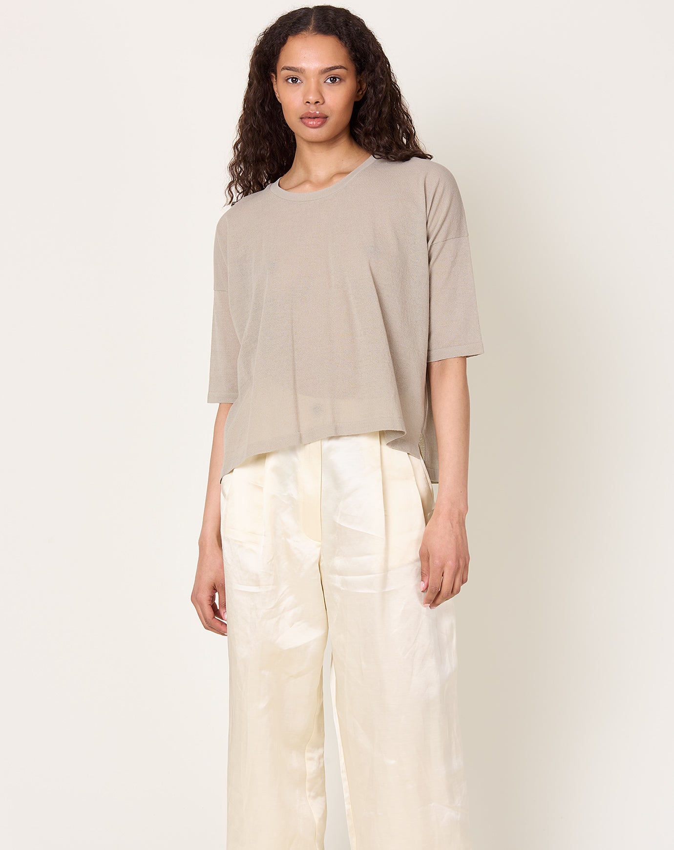 evam eva Cotton Half Sleeve Pullover in Beige