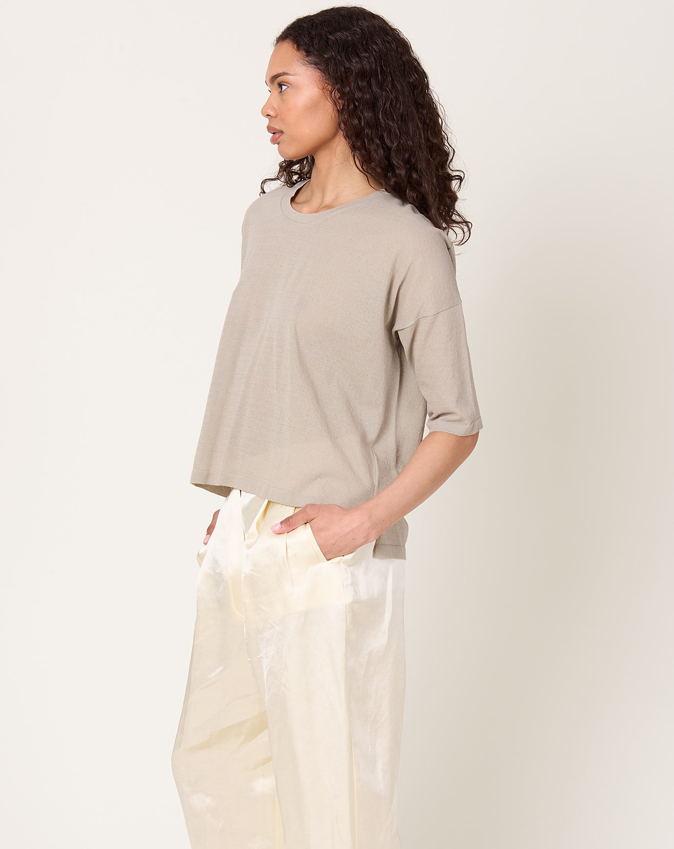 evam eva Cotton Half Sleeve Pullover in Beige