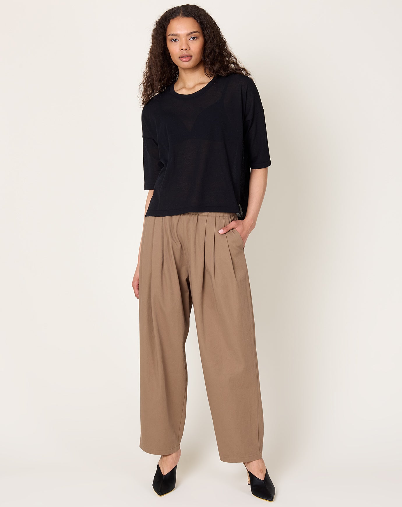 evam eva Cotton Half Sleeve Pullover in Black