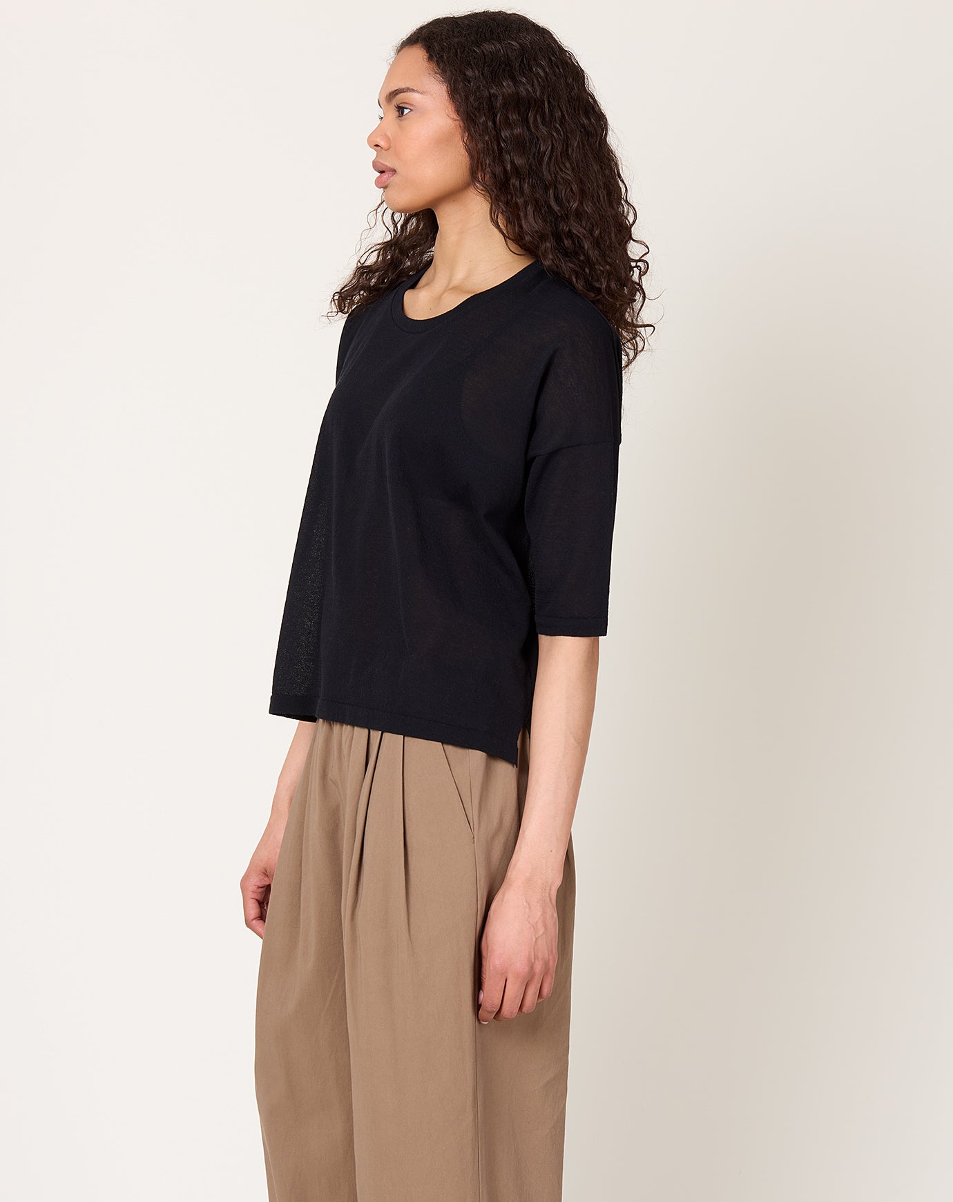 evam eva Cotton Half Sleeve Pullover in Black