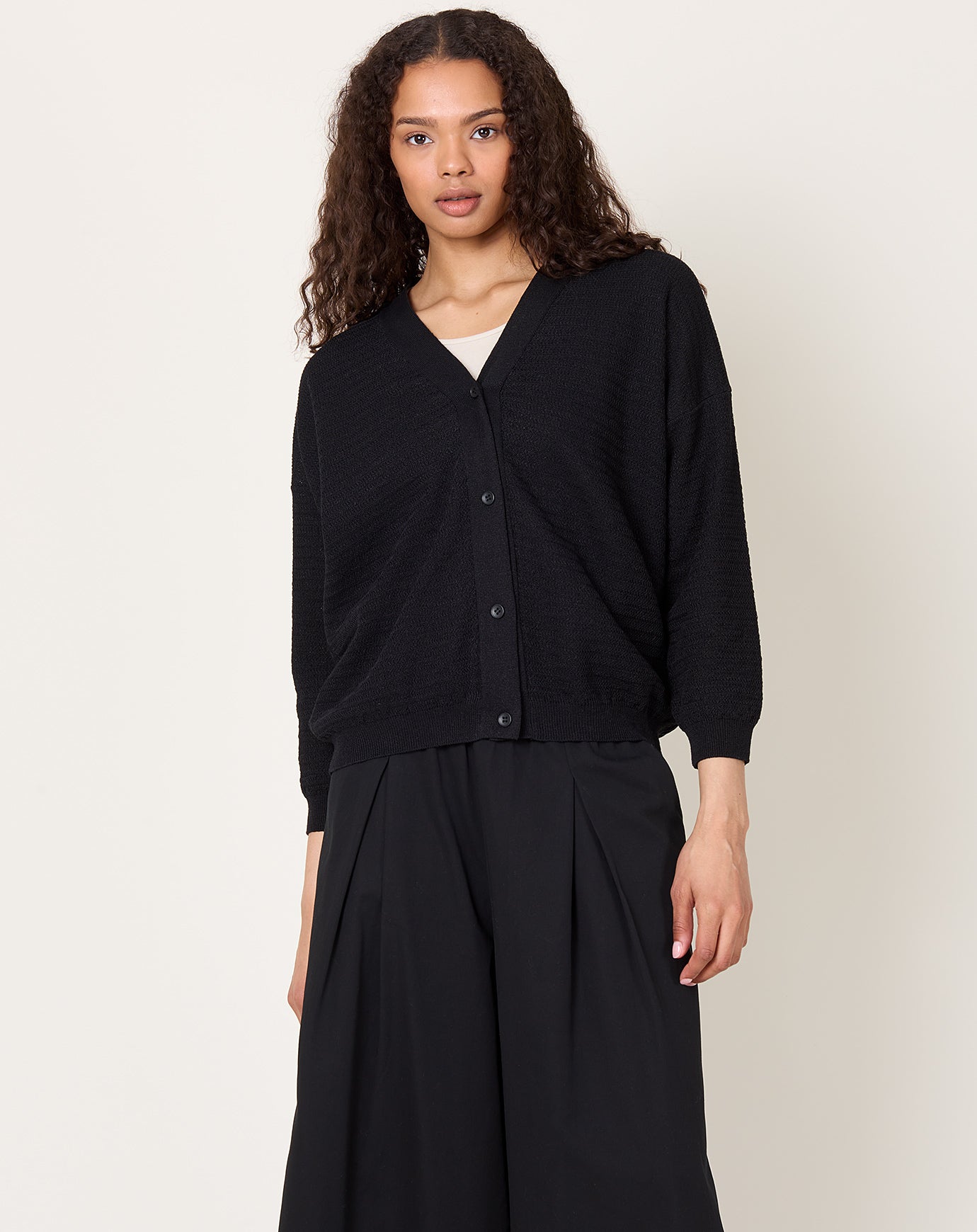 evam eva Cotton Paper Yarn Cardigan in Black