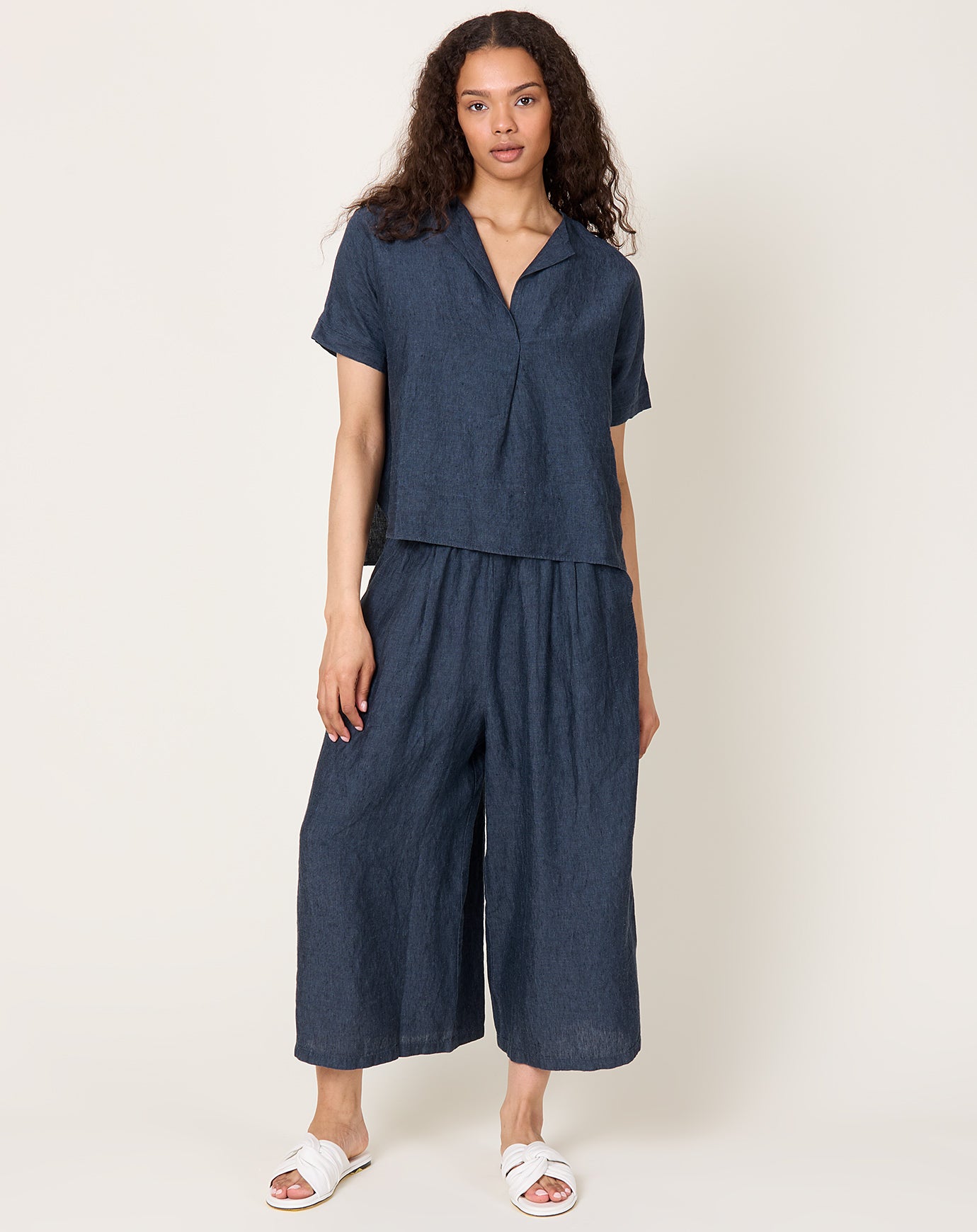 evam eva Linen Tuck Pullover in Navy