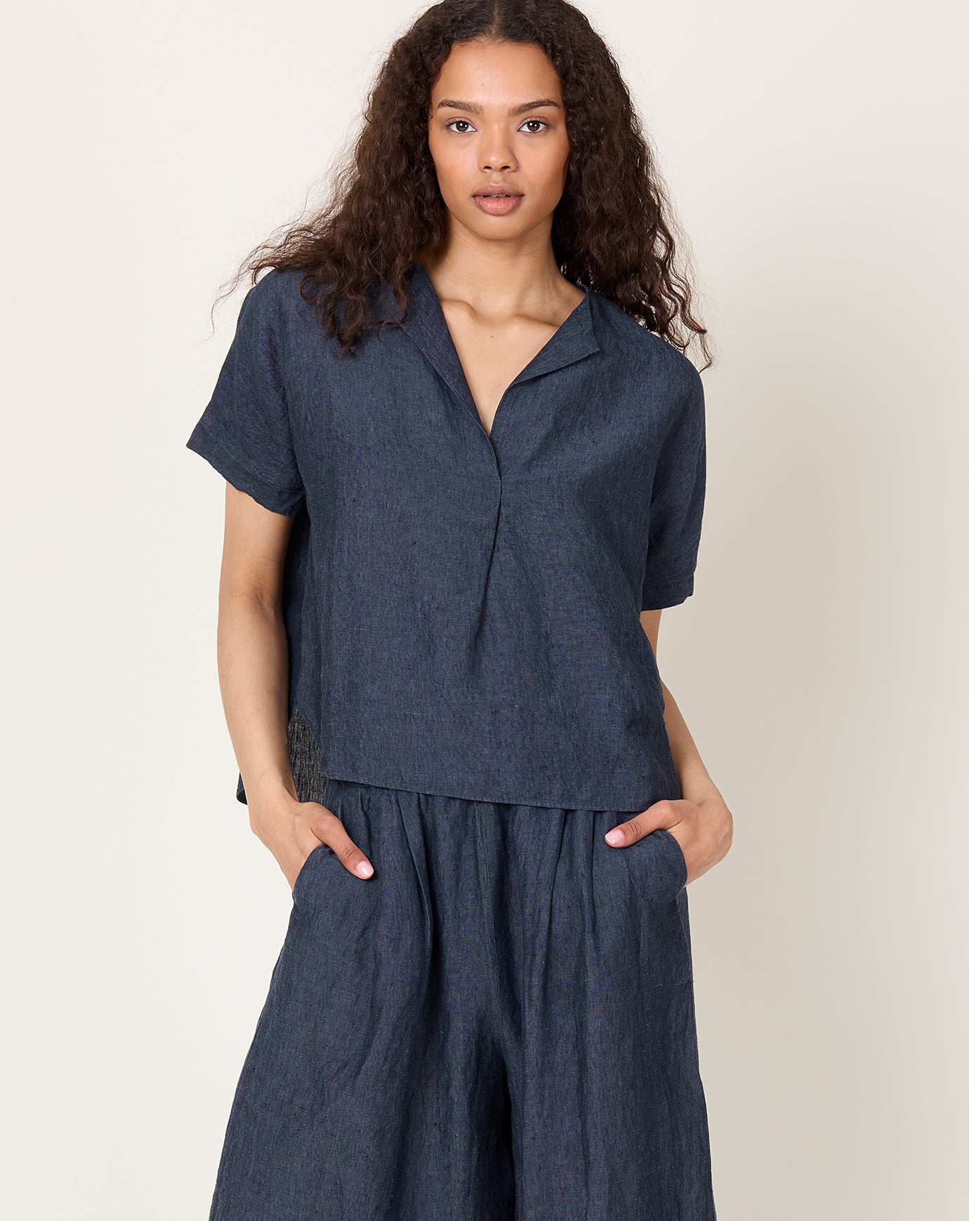 evam eva Linen Tuck Pullover in Navy