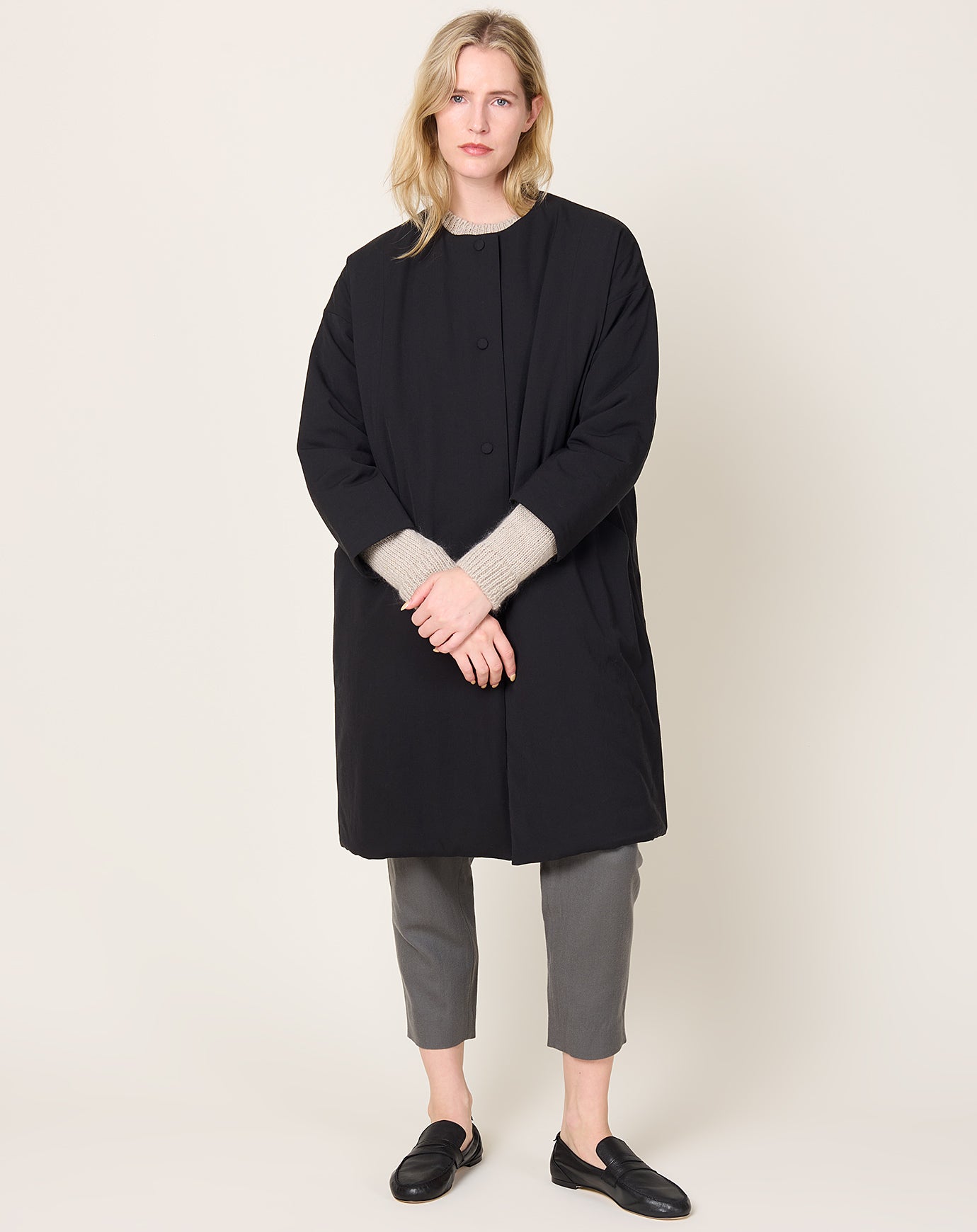 evam eva Padding Long Coat in Sumi