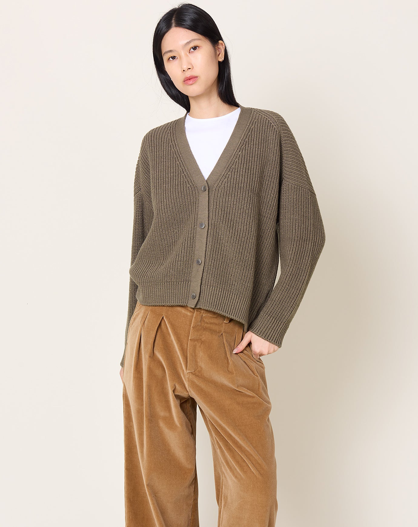 evam eva Wool Cotton Aze Cardigan in Winter Leaf