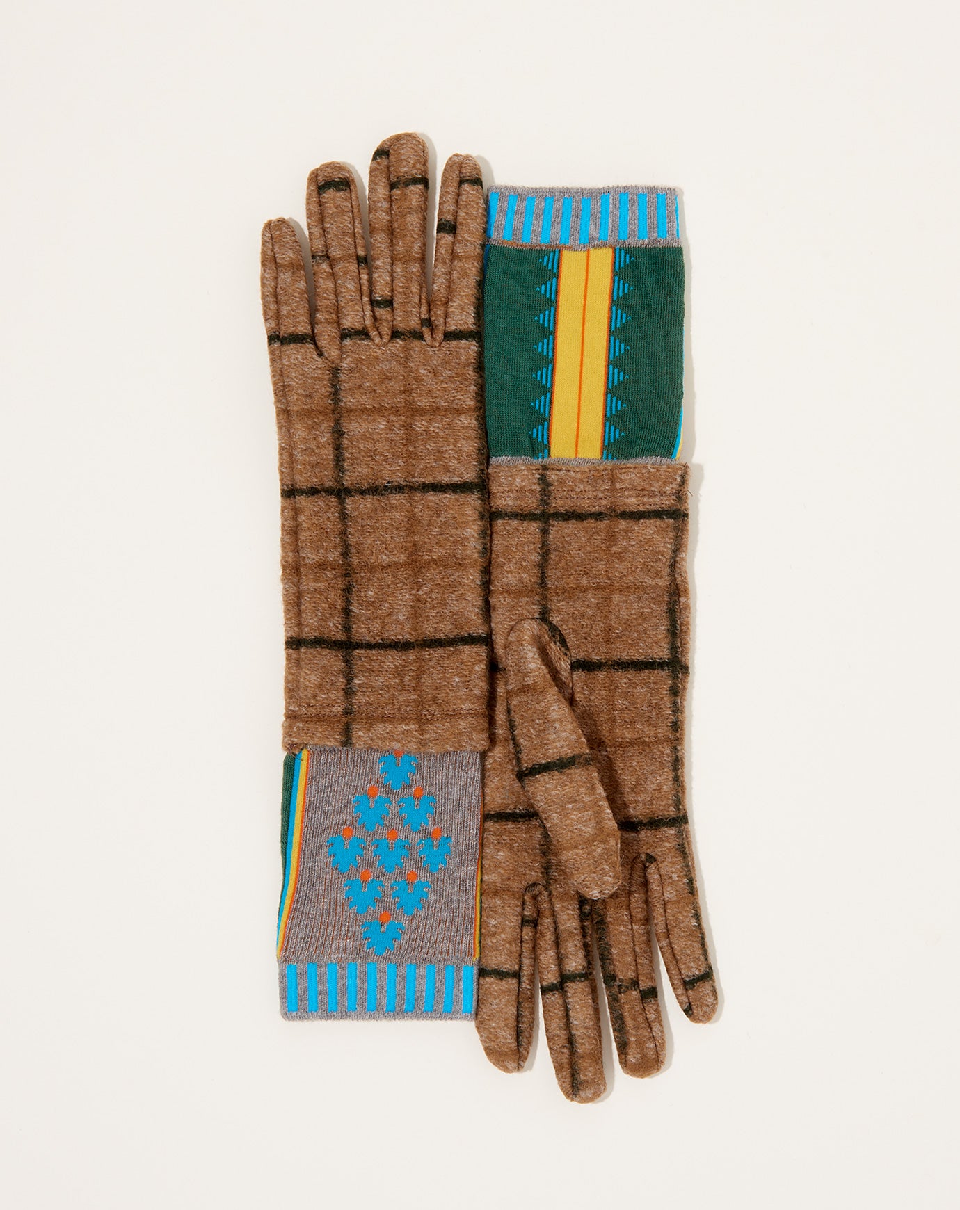 Exquisite J Long Pine Cone & Plaid Gloves in Camel