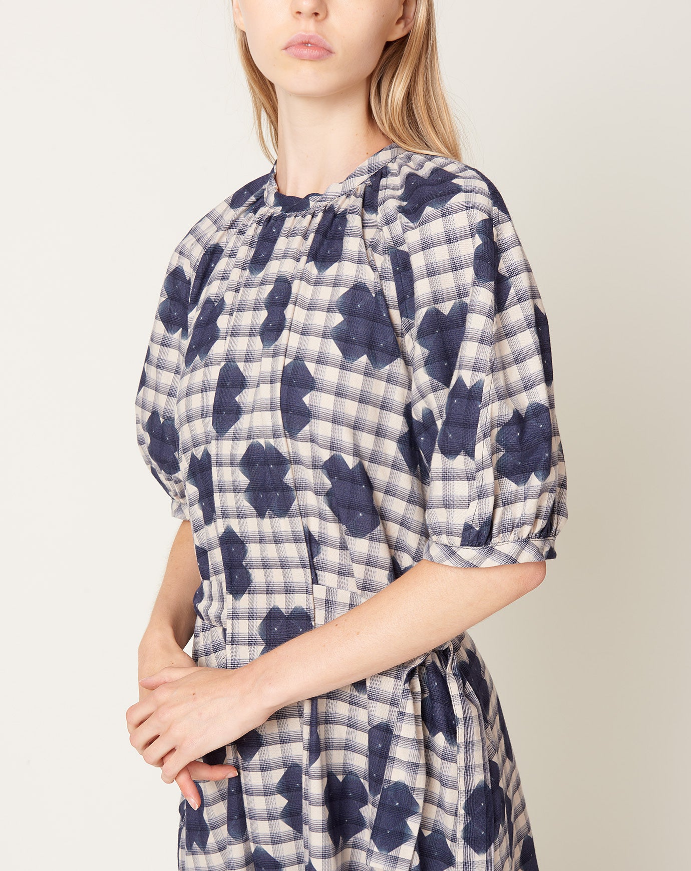 Henrik Vibskov Gambit Dress in Blue White Checks Cross Print