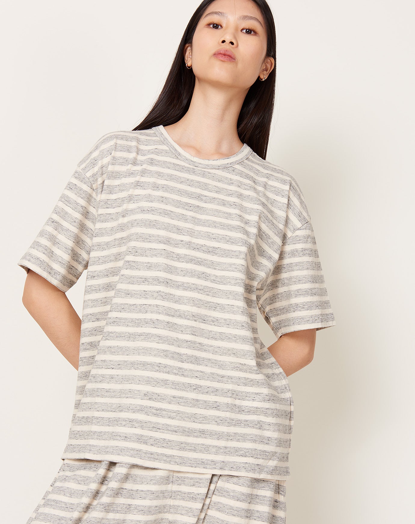 Ichi Antiquités Striped T-Shirt in Grey & Natural