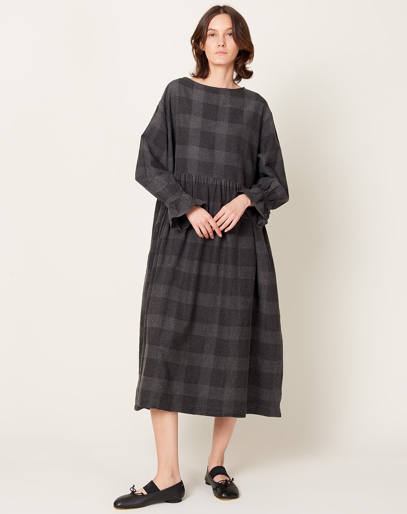 Ichi Antiquités C/YAK Wool Block Check Flannel Dress in Charcoal