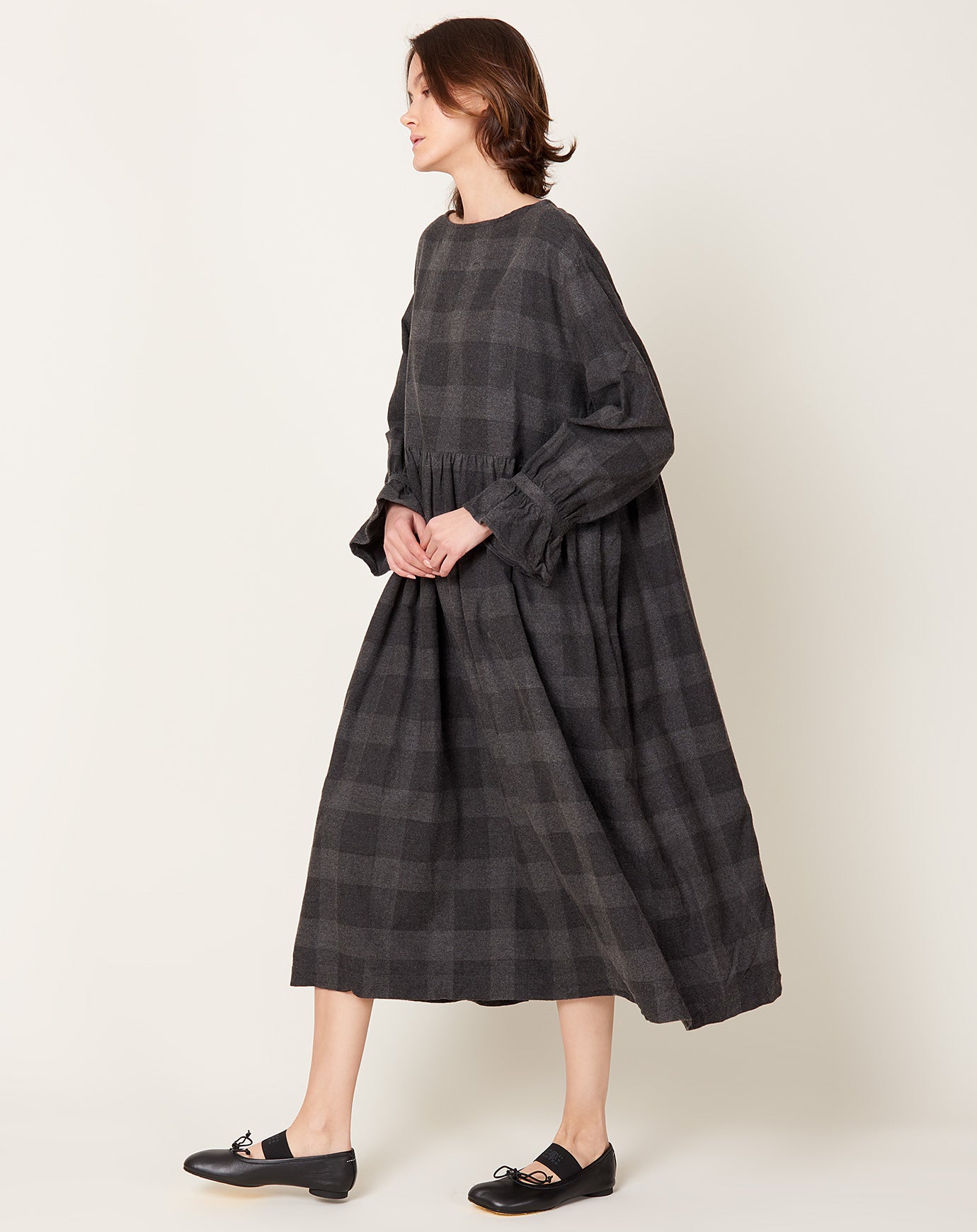 Ichi Antiquités C/YAK Wool Block Check Flannel Dress in Charcoal