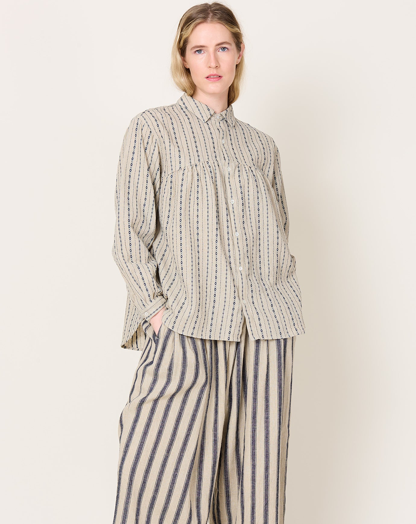 Ichi Antiquités Dobby Stripe Shirt in Natural & Indigo