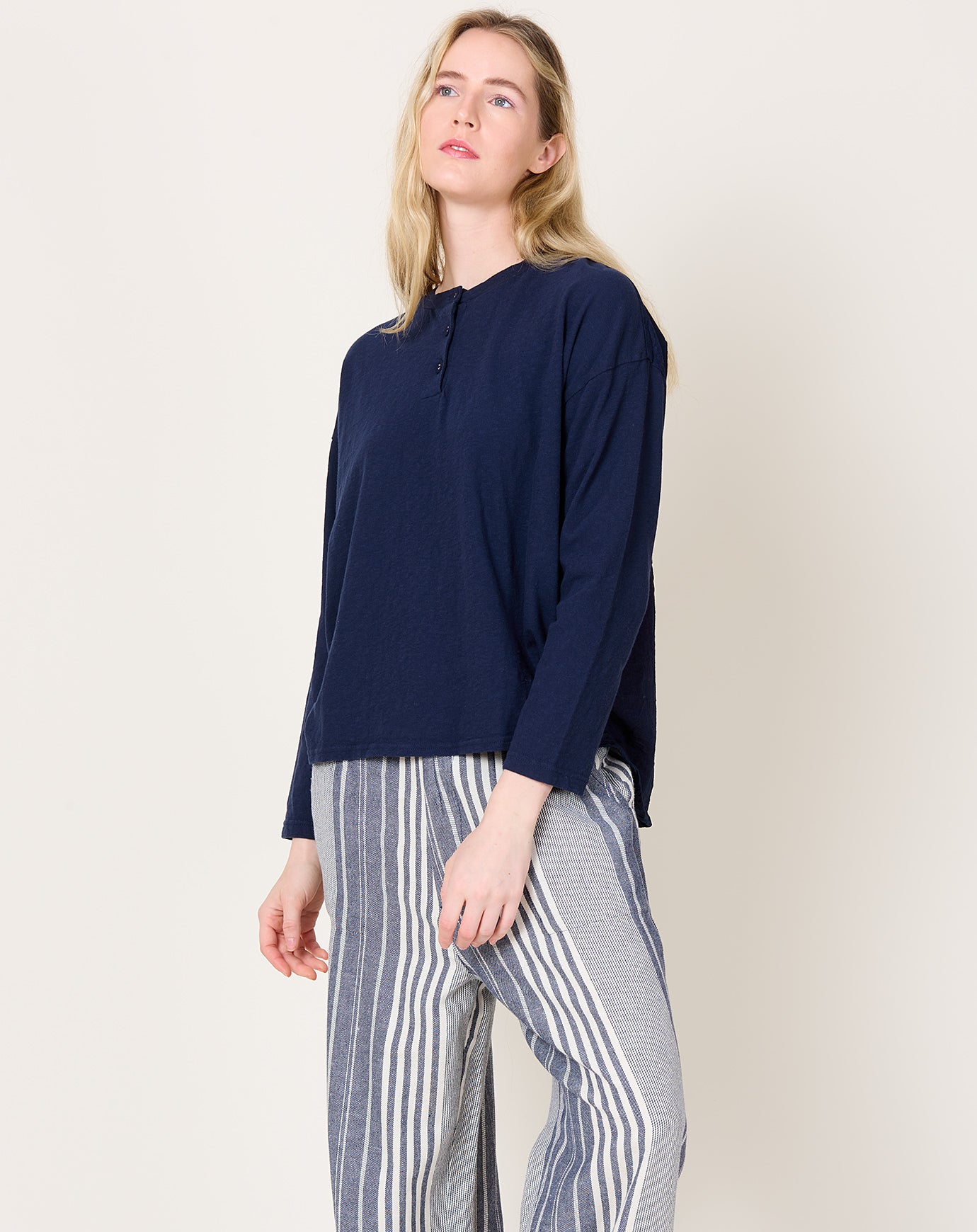 Ichi Antiquités Henley Neck Pullover in Navy & Indigo