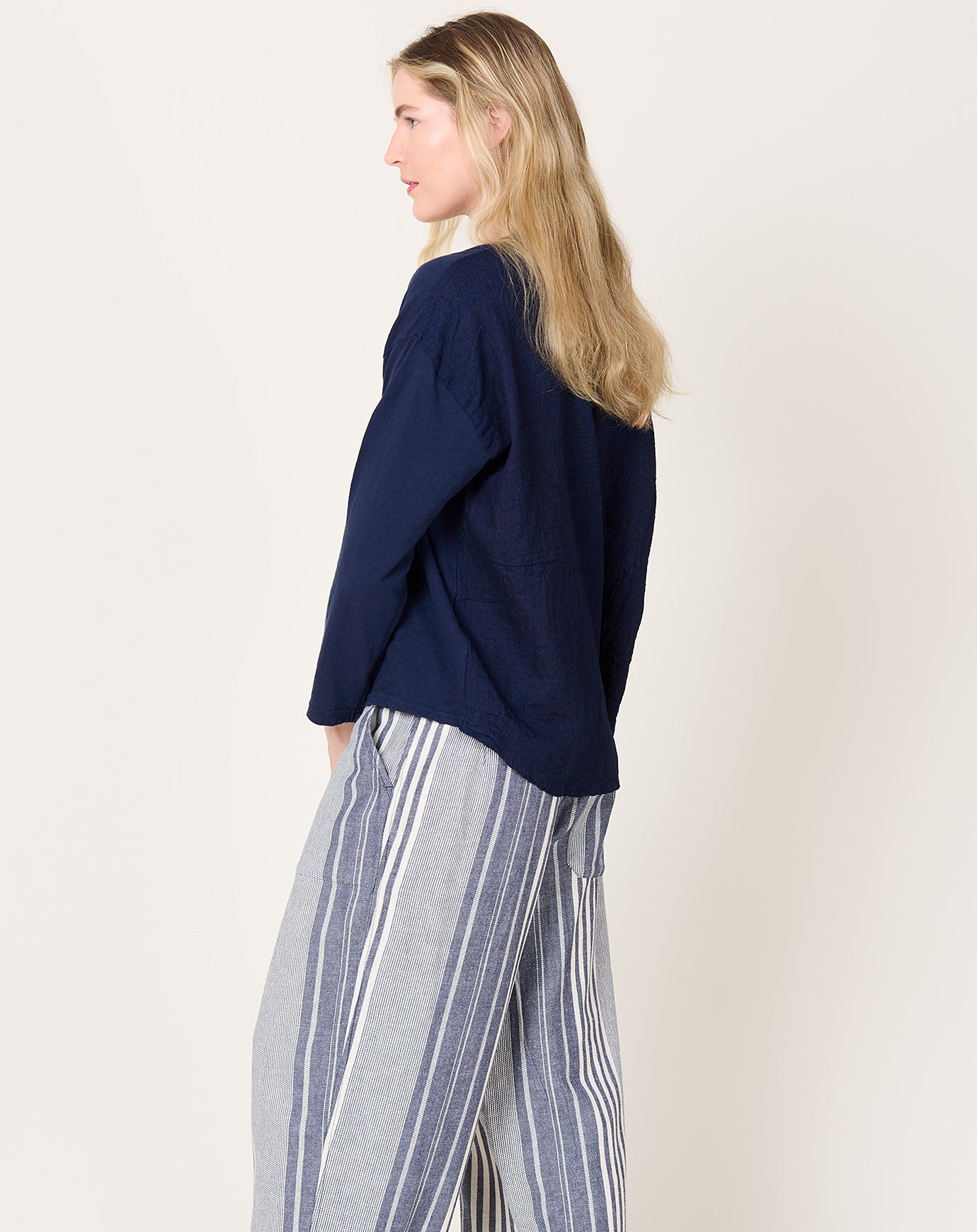 Ichi Antiquités Henley Neck Pullover in Navy & Indigo