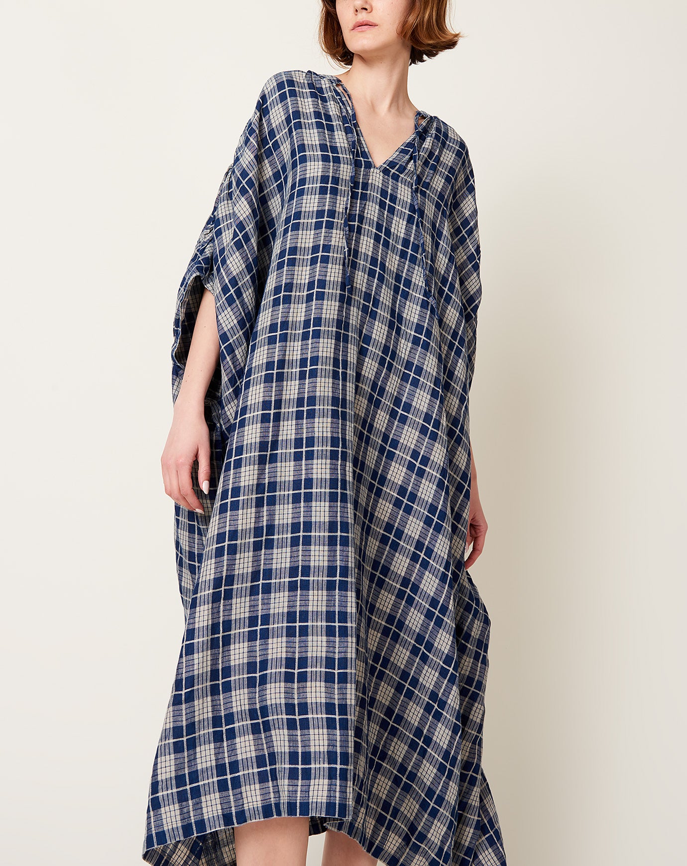 Ichi Antiquités Indigo Check Dress in Indigo Dark & Natural Stripe