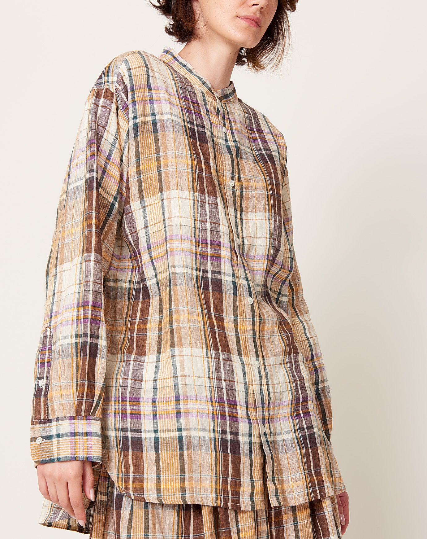 Ichi Antiquités Linen Check Shirt in Beige