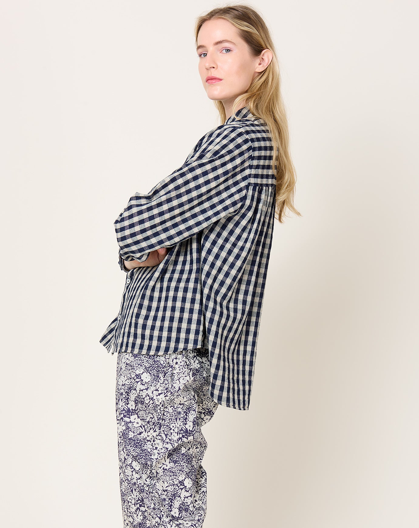 Ichi Antiquités L/C Gingham Shirt in Indigo & Natural