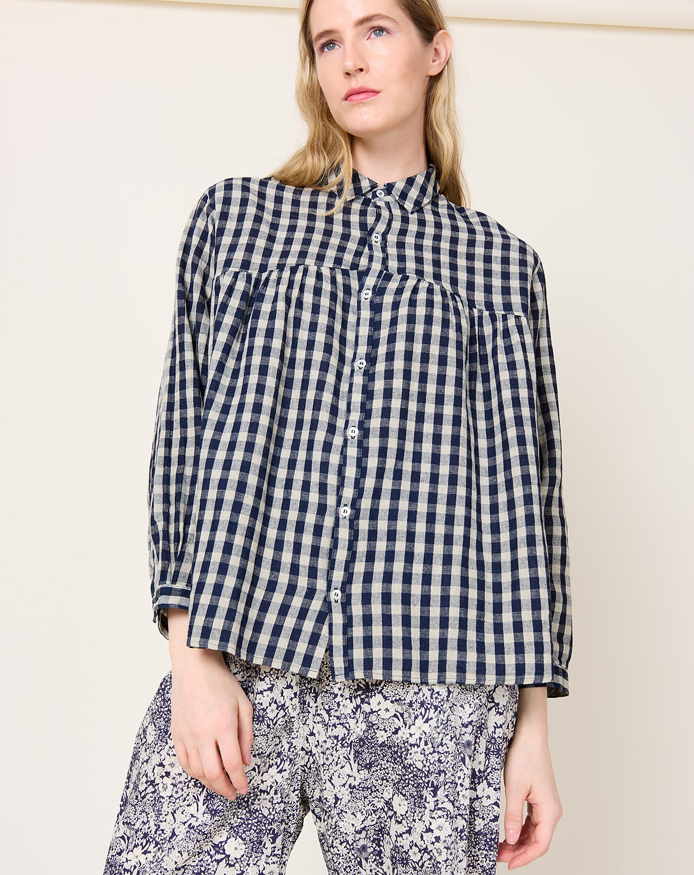 Ichi Antiquités L/C Gingham Shirt in Indigo & Natural