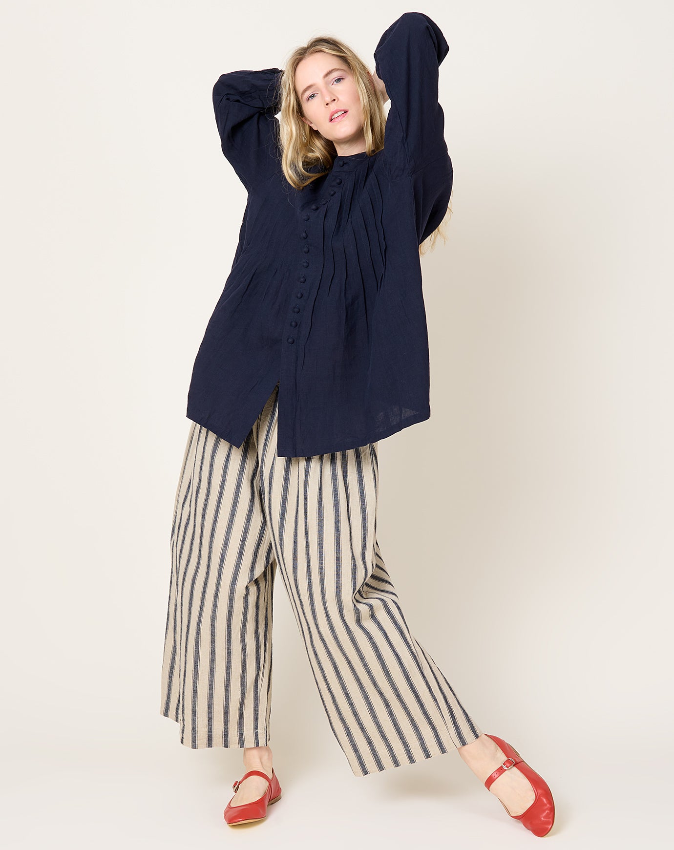 Ichi Antiquités Linen Cotton Stripe Pants in Natural & Indigo