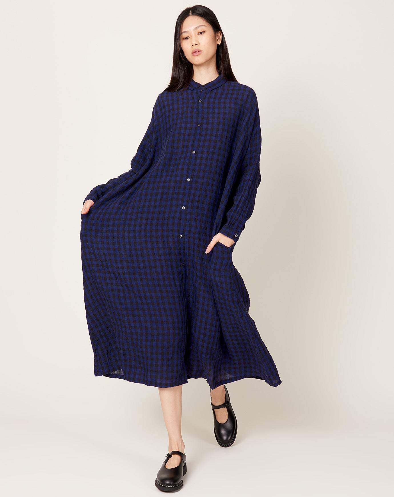 Ichi Antiquités Linen Gingham Check Dress in Navy