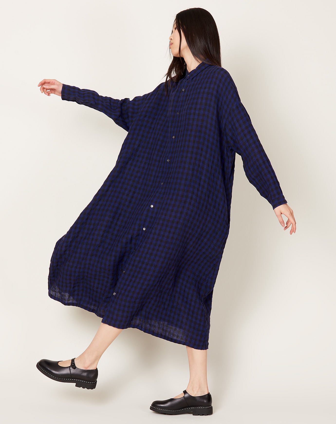 Ichi Antiquités Linen Gingham Check Dress in Navy