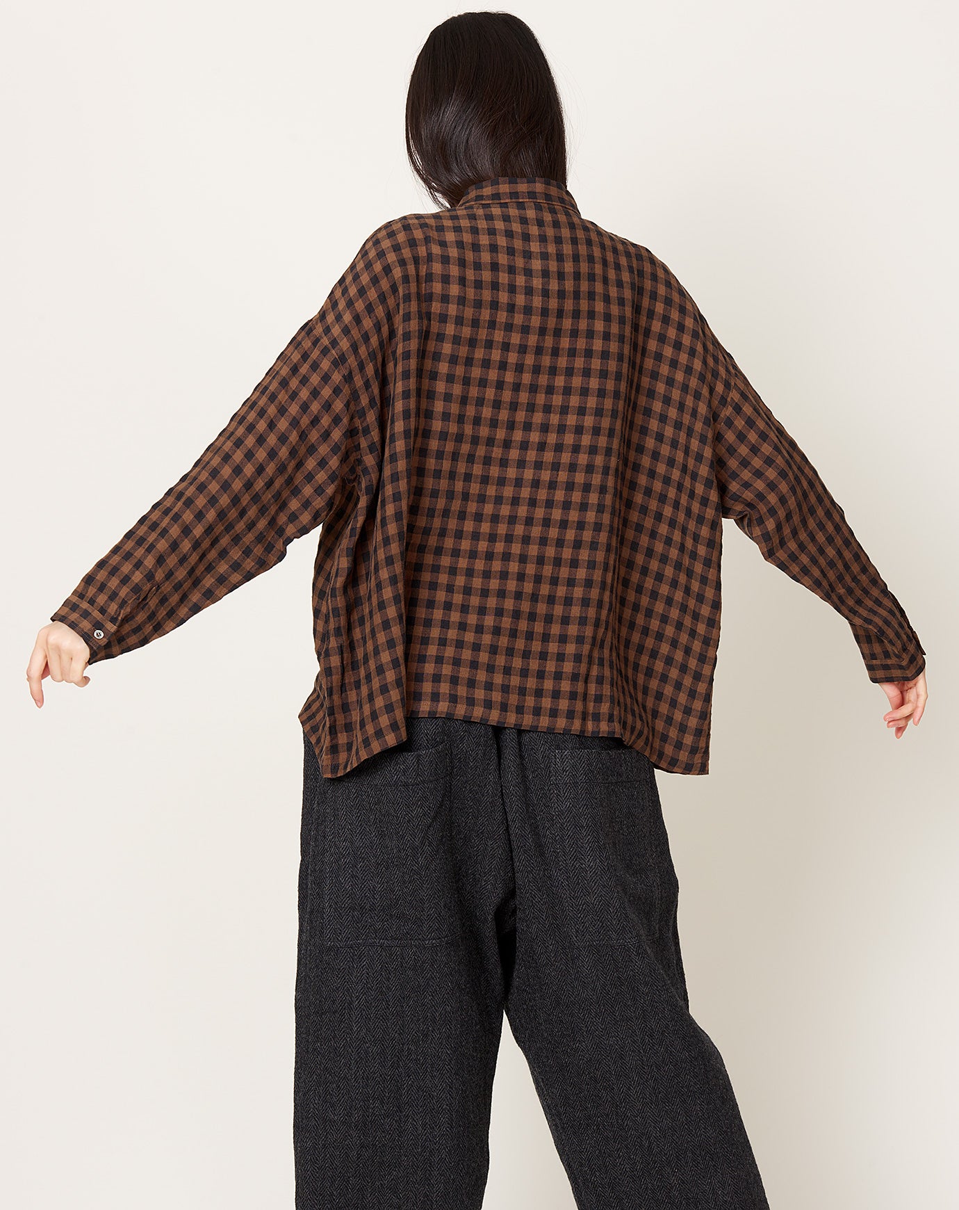 Ichi Antiquités Linen Gingham Check Shirt in Brown