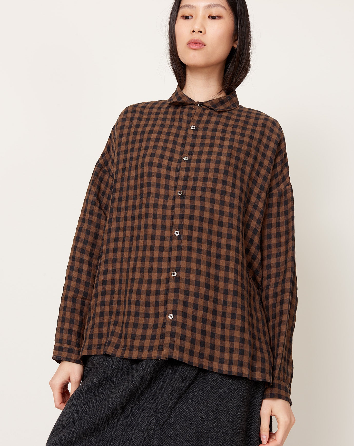 Ichi Antiquités Linen Gingham Check Shirt in Brown