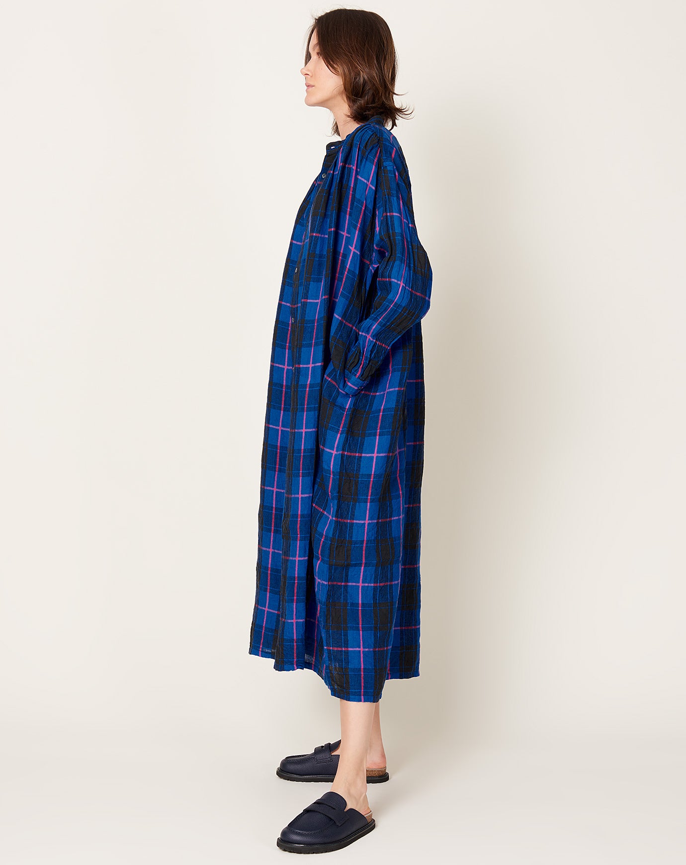 Ichi Antiquités Linen Tartan Dress in Blue