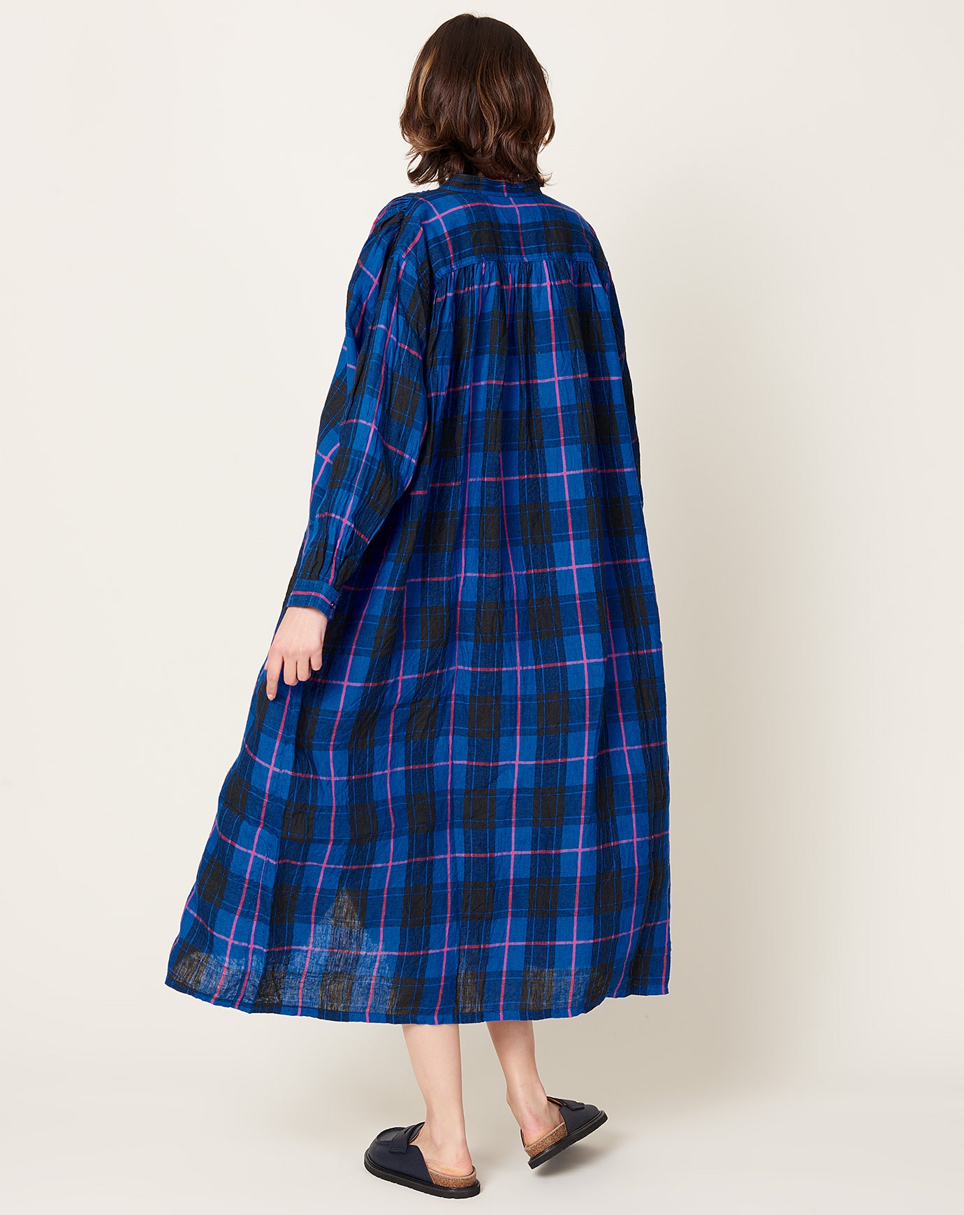 Ichi Antiquités Linen Tartan Dress in Blue