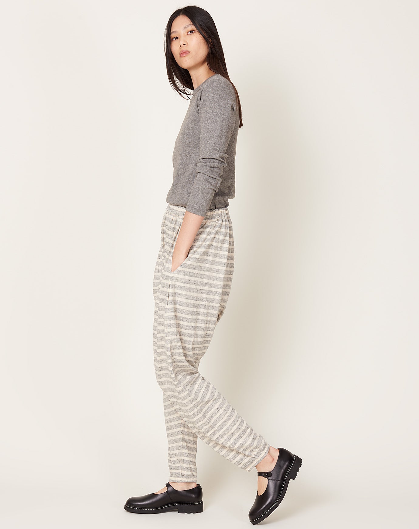 Ichi Antiquités Striped Pants in Grey & Natural