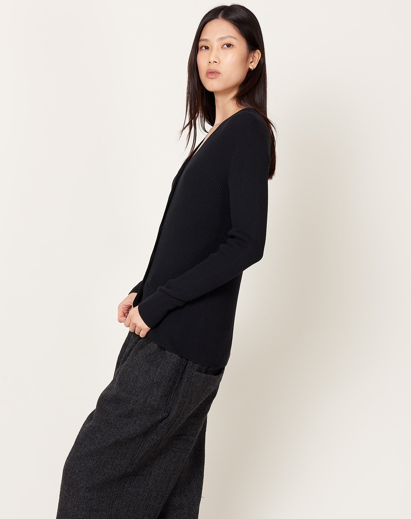 Ichi Antiquités Whole Garment Rib Cardigan in Black