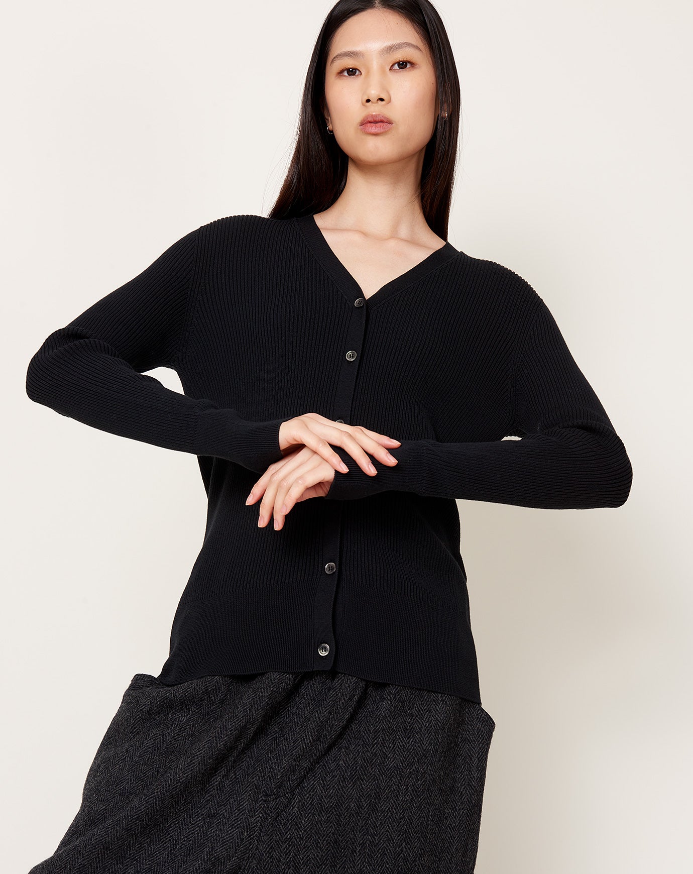 Ichi Antiquités Whole Garment Rib Cardigan in Black