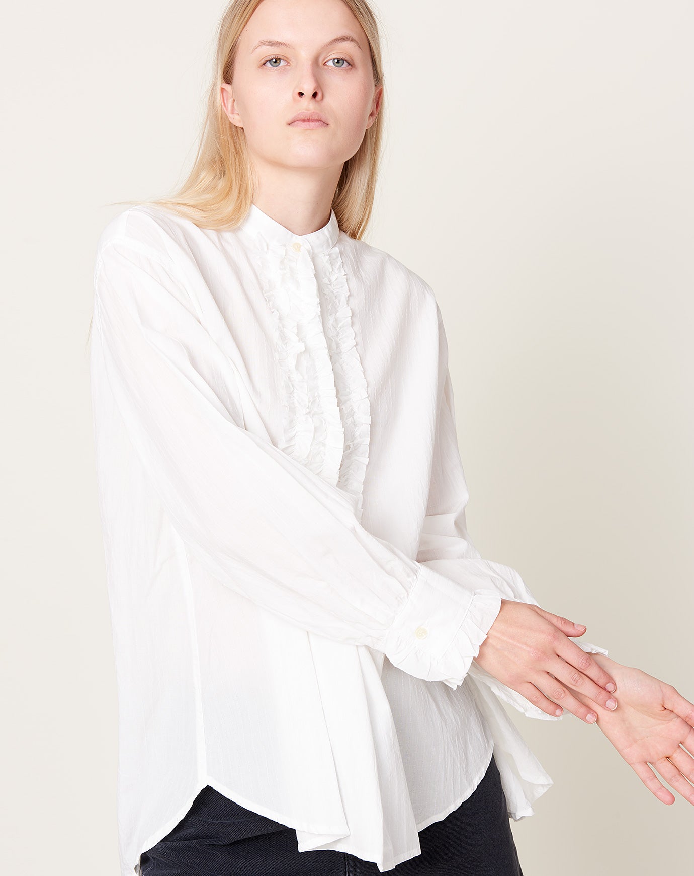 Ichi Organic Cotton Dobby Frill Shirt in White