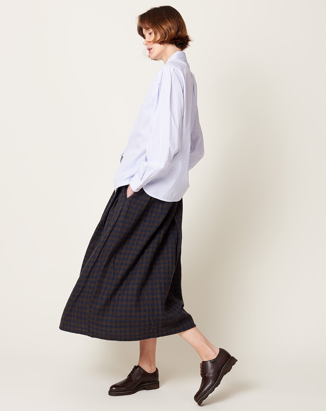 Ichi Wool Check Skirt in Navy and Brown