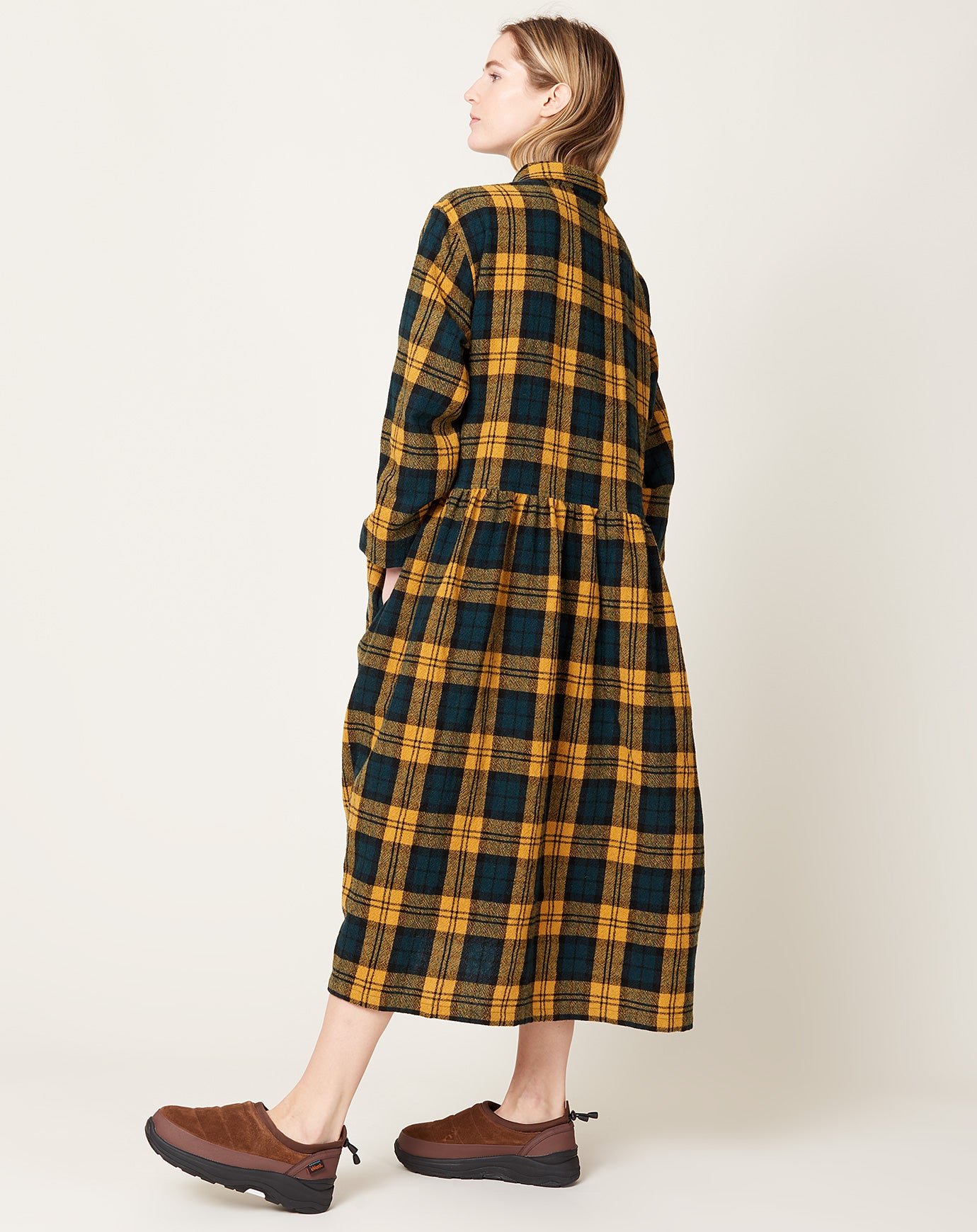Ichi Wool Plaid Dress in Yellow and Green