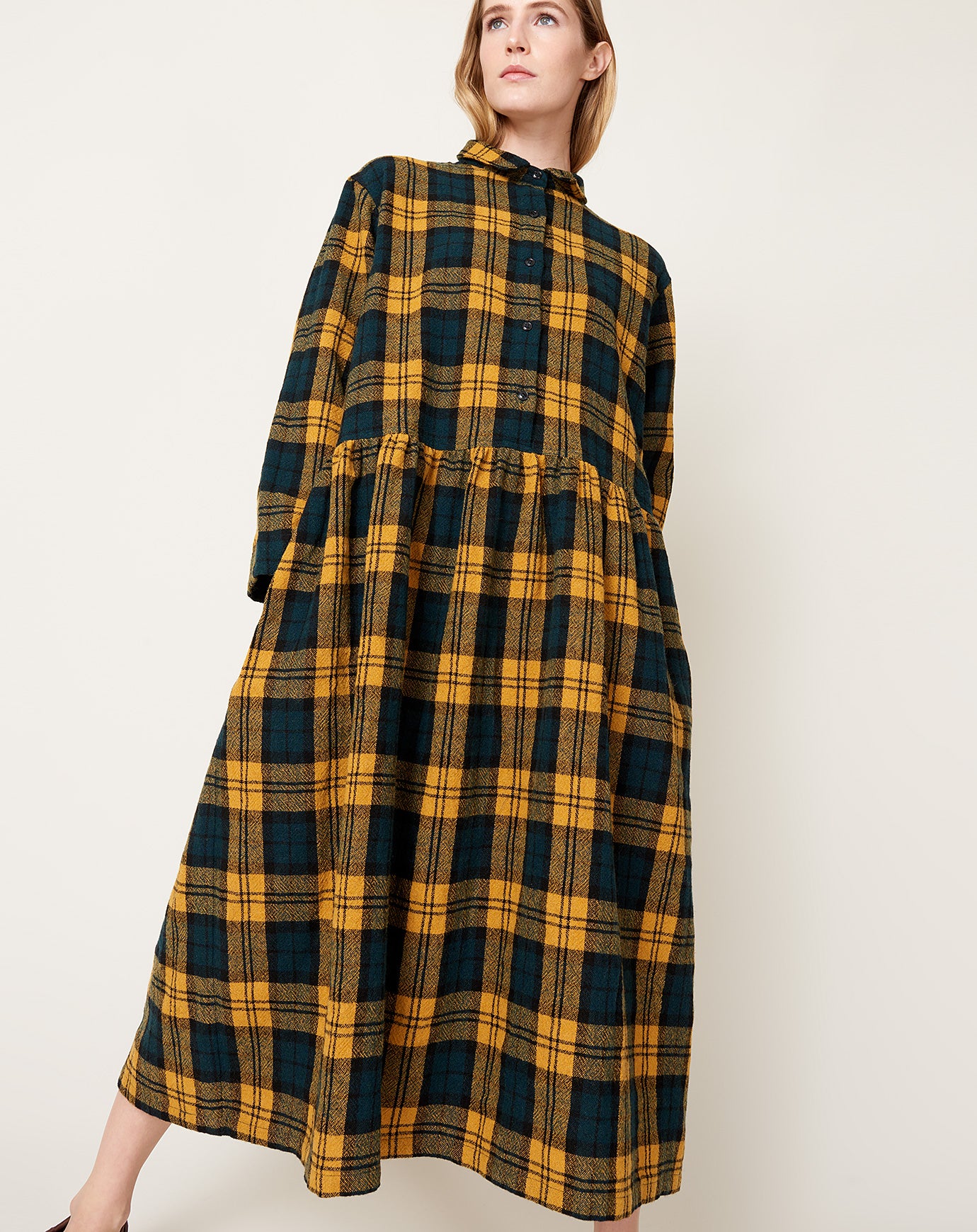 Ichi Wool Plaid Dress in Yellow and Green