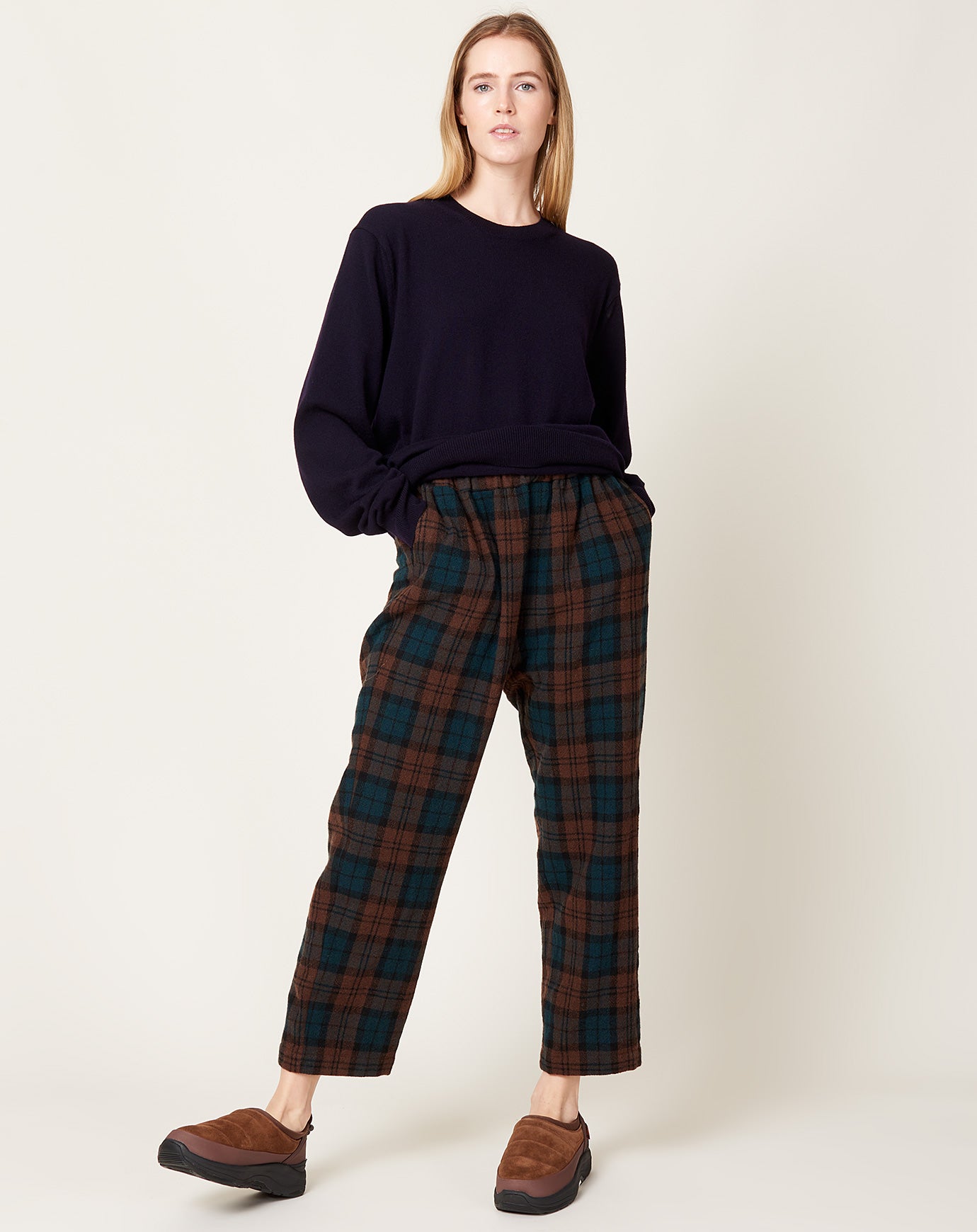 Ichi Wool Plaid Pant in Brown and Green
