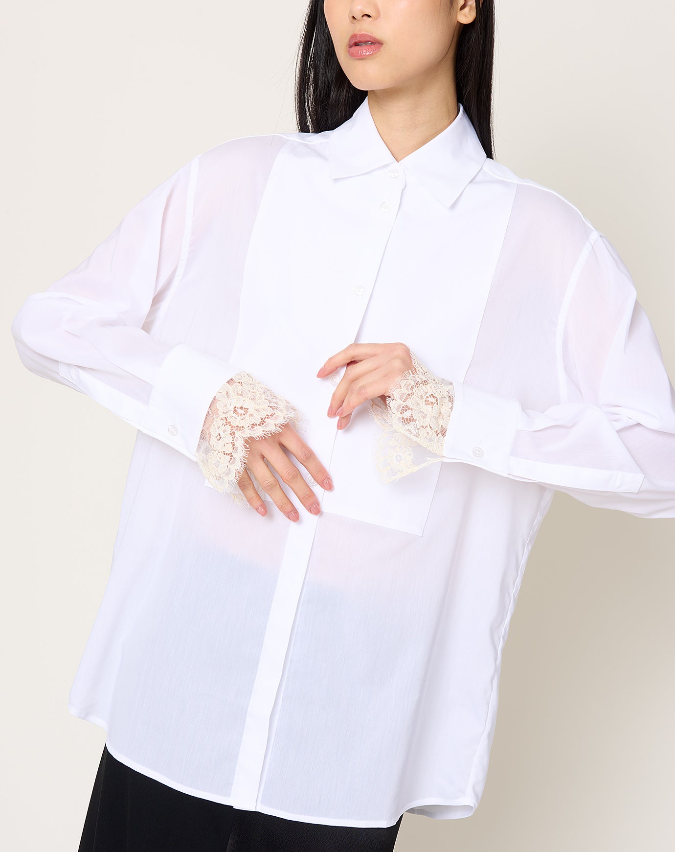 Kallmeyer Chloé Bib Button Down in Ivory Voile & Lace