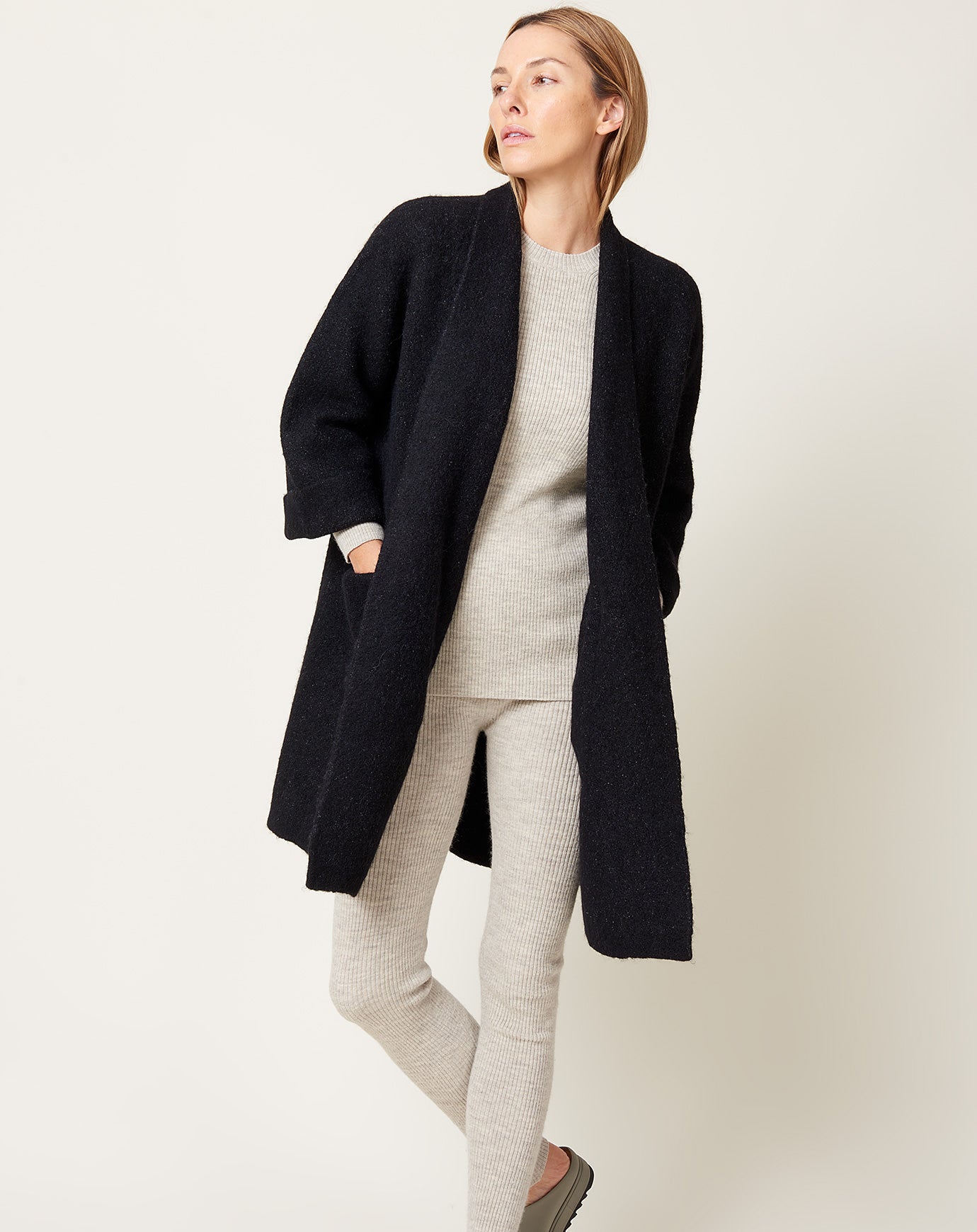 Double Face Wide Coat in Black Melange