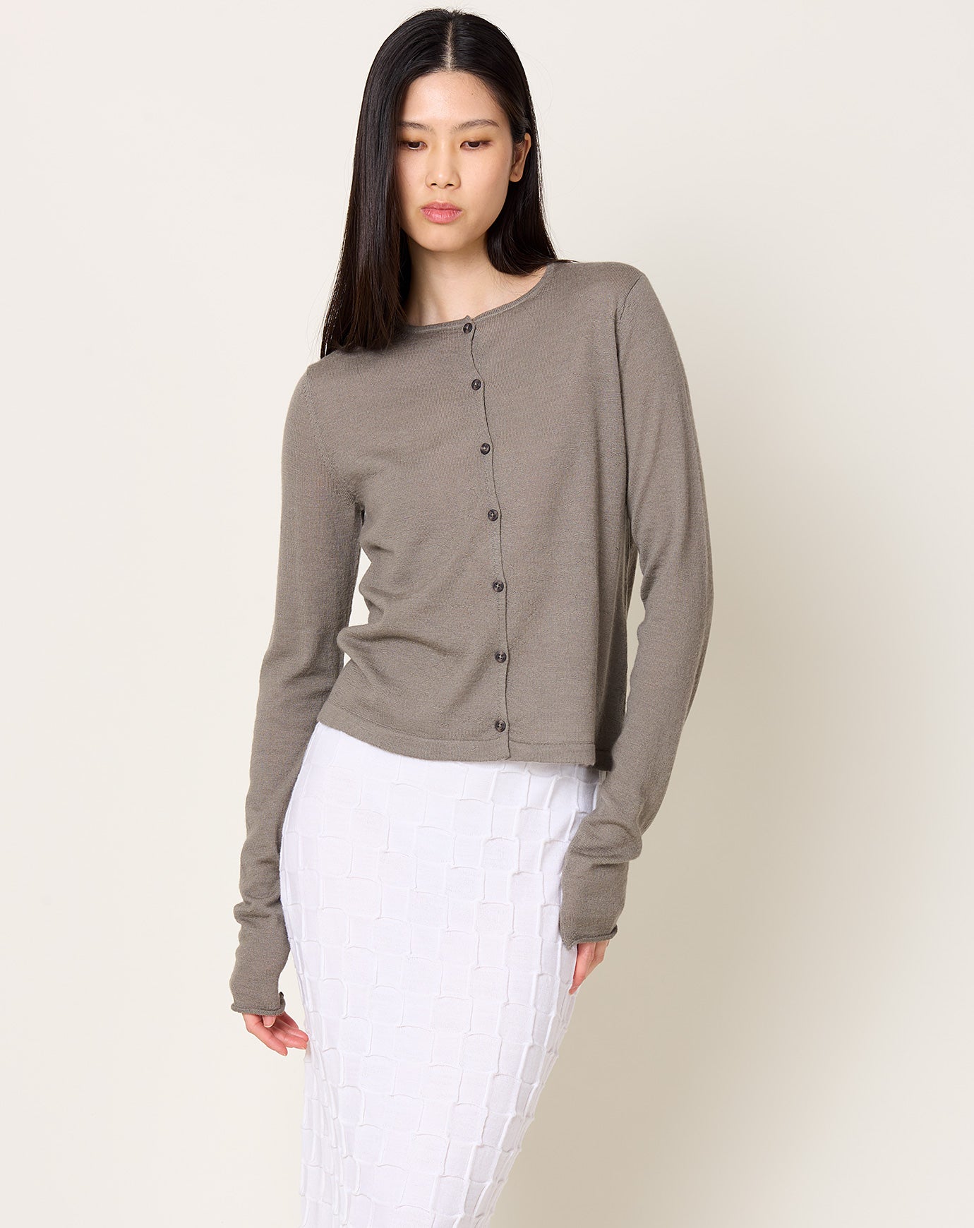 Lauren Manoogian Super Fine Crewneck Cardigan in Concrete