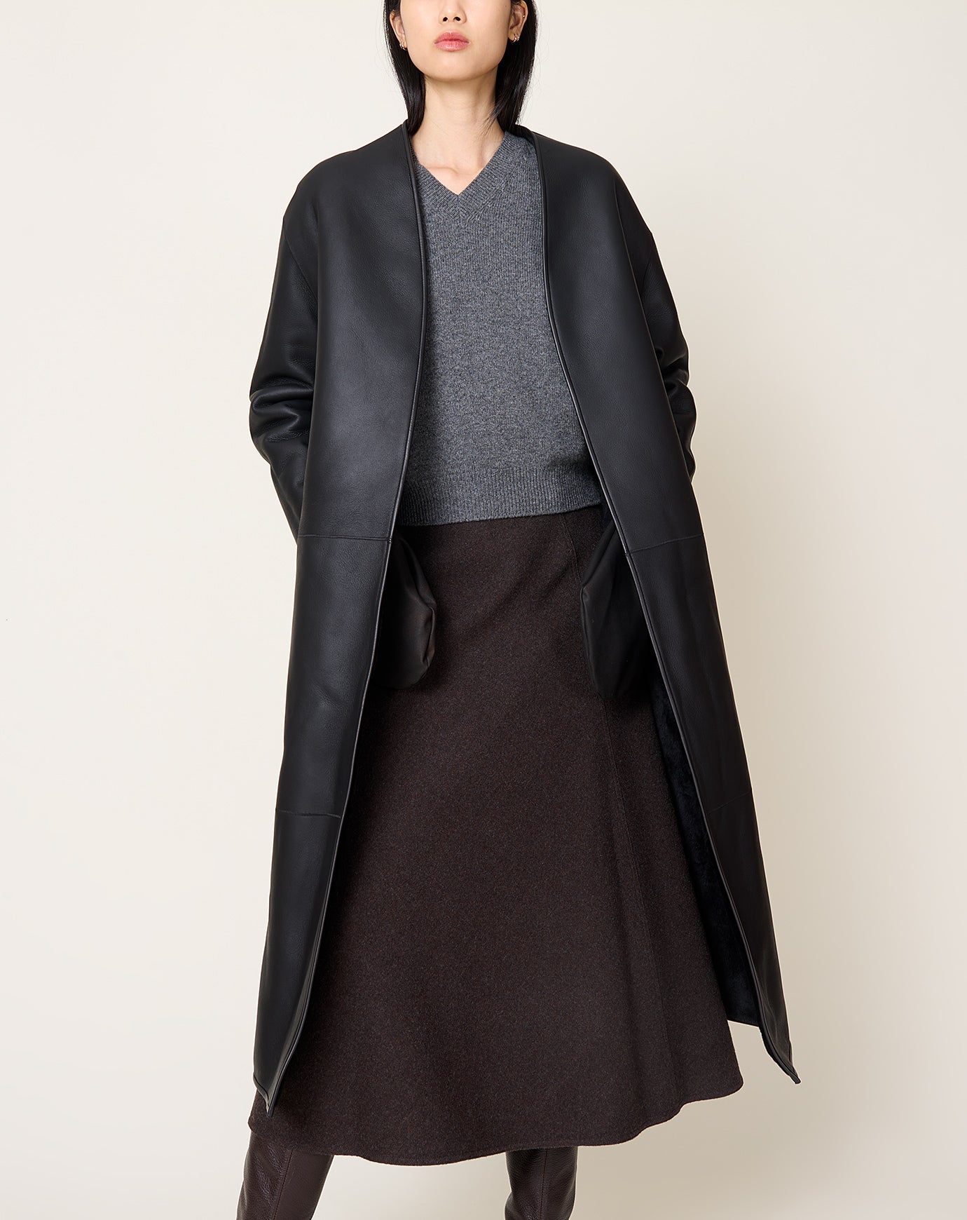 Le17septembre Reversible Mustang Long Coat in Black