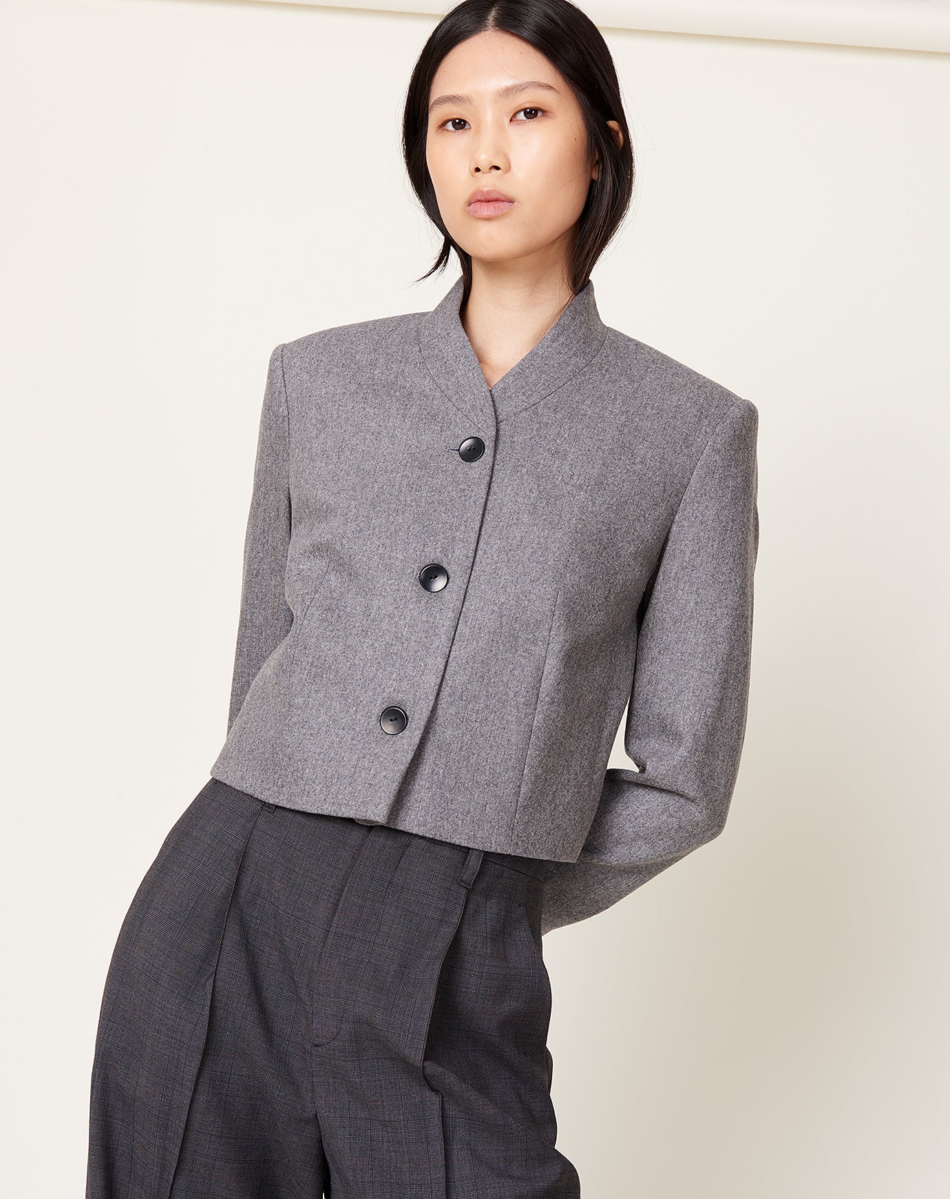 Maria McManus 3 Button Cropped Blazer in Charcoal Melange