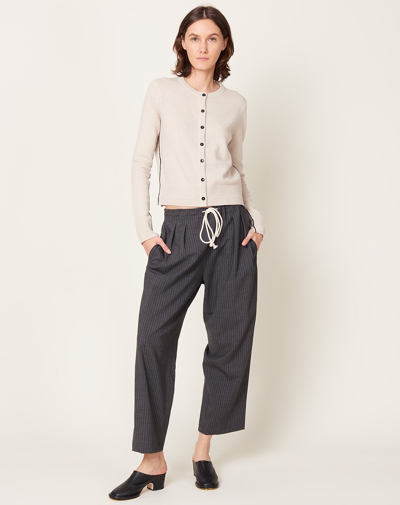 Maria McManus Cosy Drawstring Pant in Charcoal Pinstripe