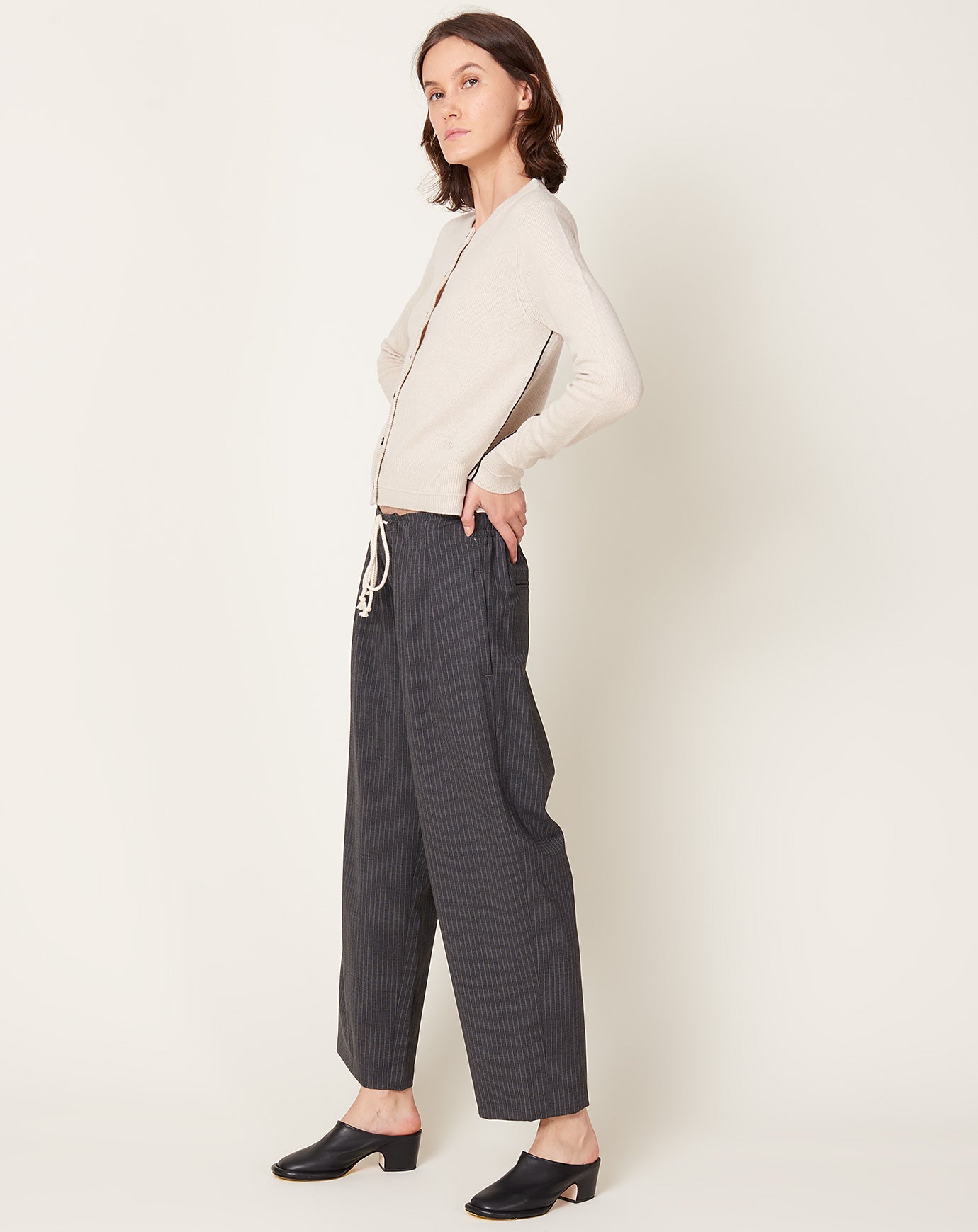 Maria McManus Cosy Drawstring Pant in Charcoal Pinstripe