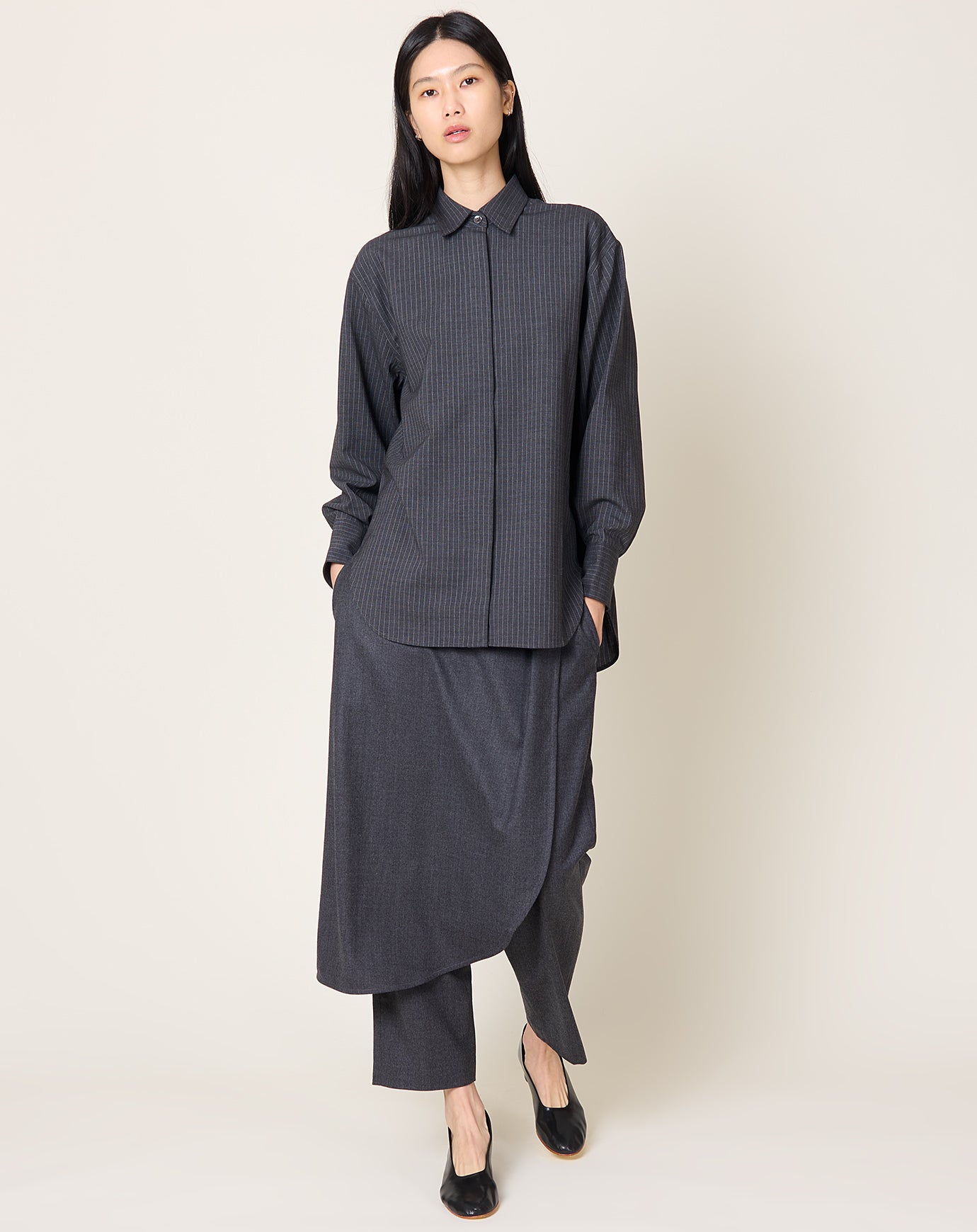 Maria McManus Covered Placket Tunic Shirt in Charcoal Stripe
