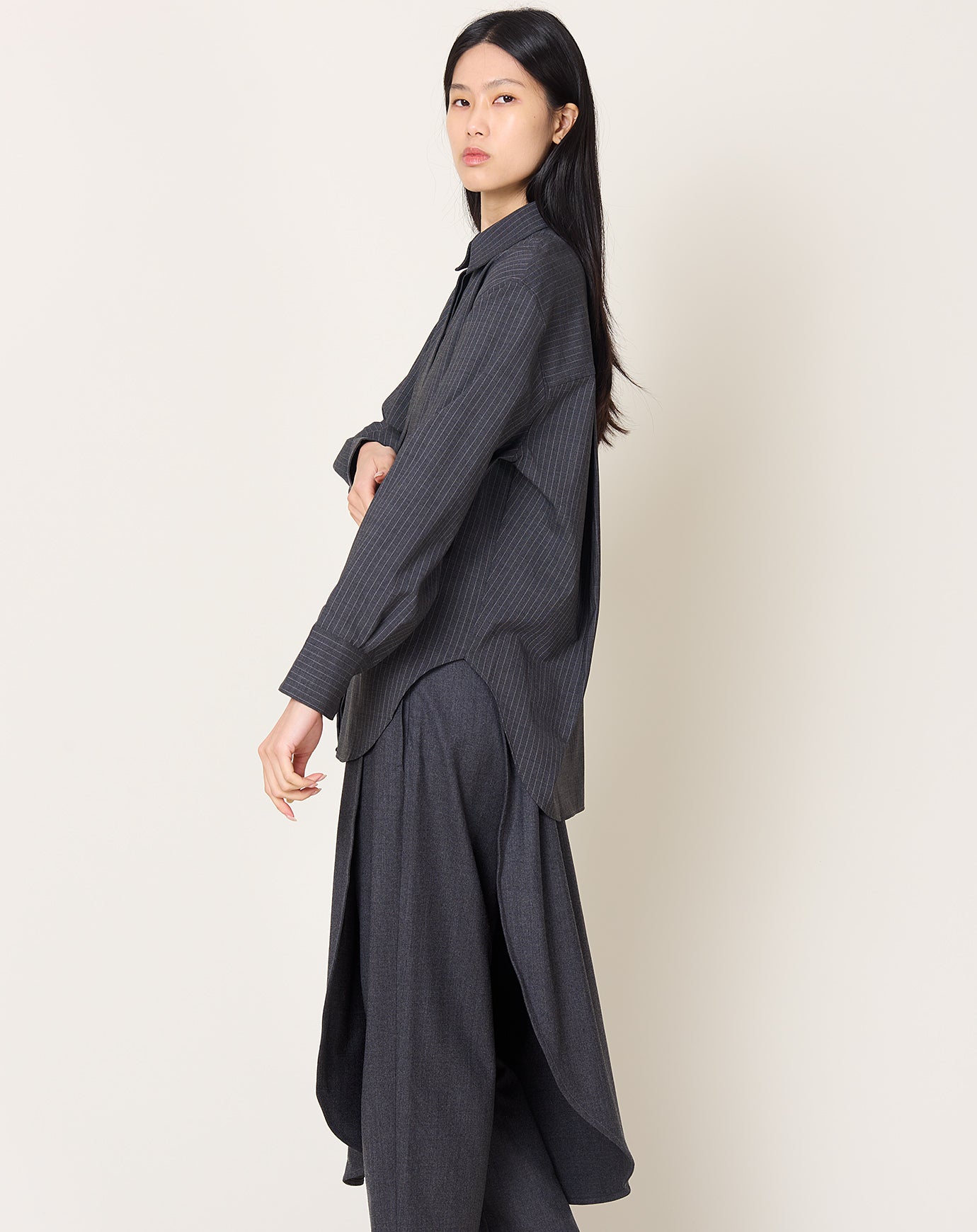 Maria McManus Covered Placket Tunic Shirt in Charcoal Stripe